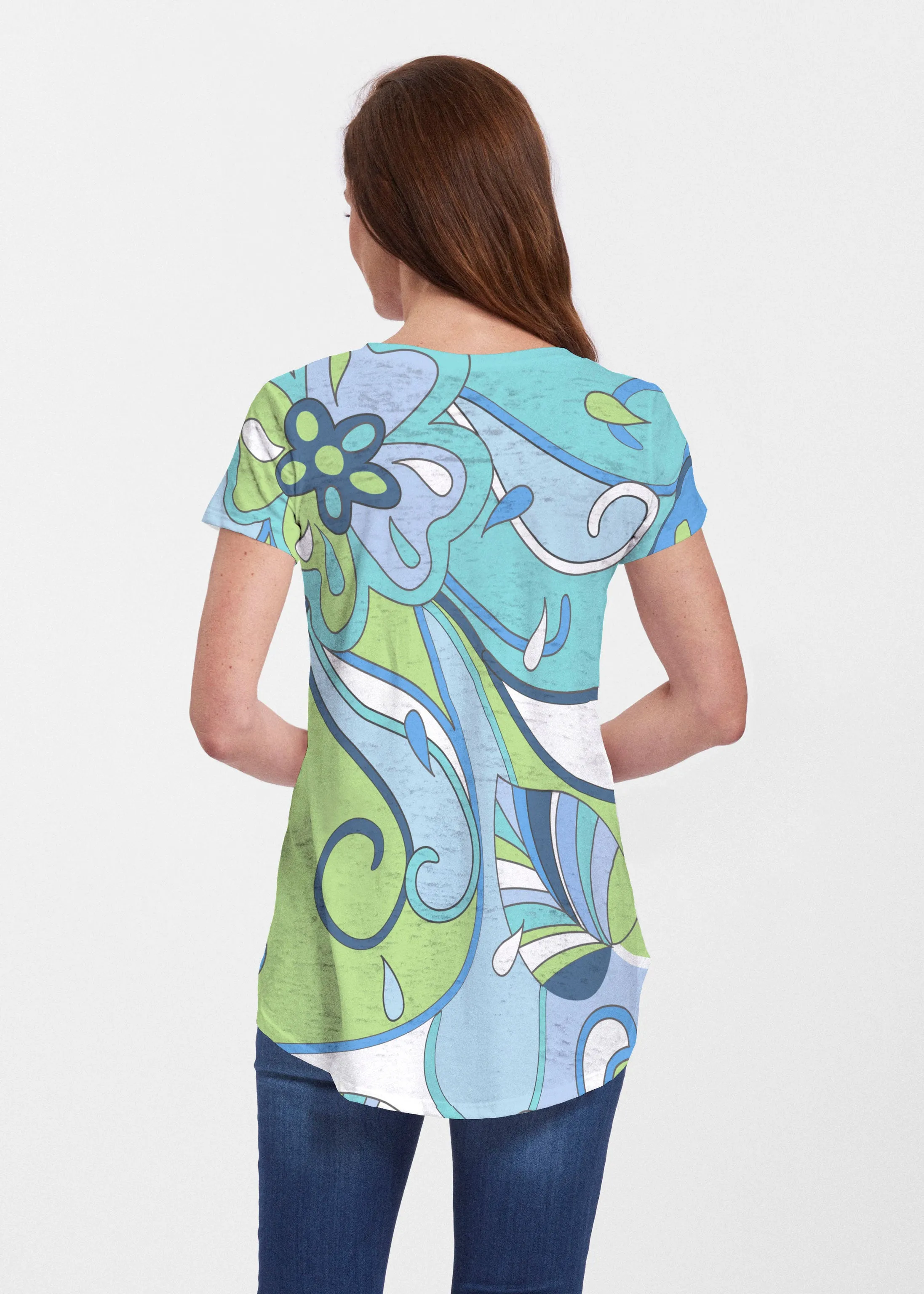 Floral Spritz Turquoise (22093) ~ Signature Short Sleeve Scoop Neck Flowy Tunic