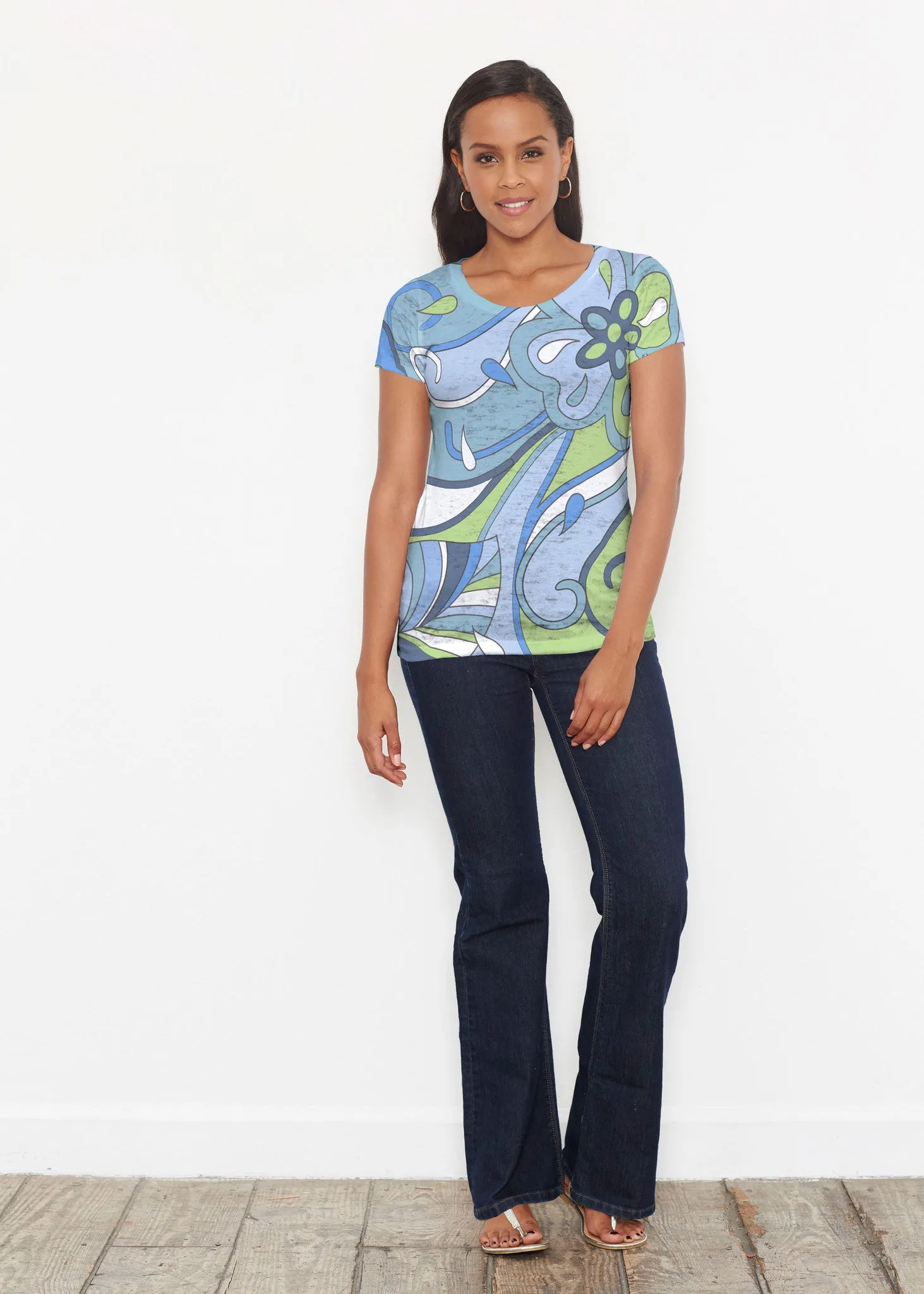 Floral Spritz Turquoise (22093) ~ Signature Short Sleeve Scoop Shirt