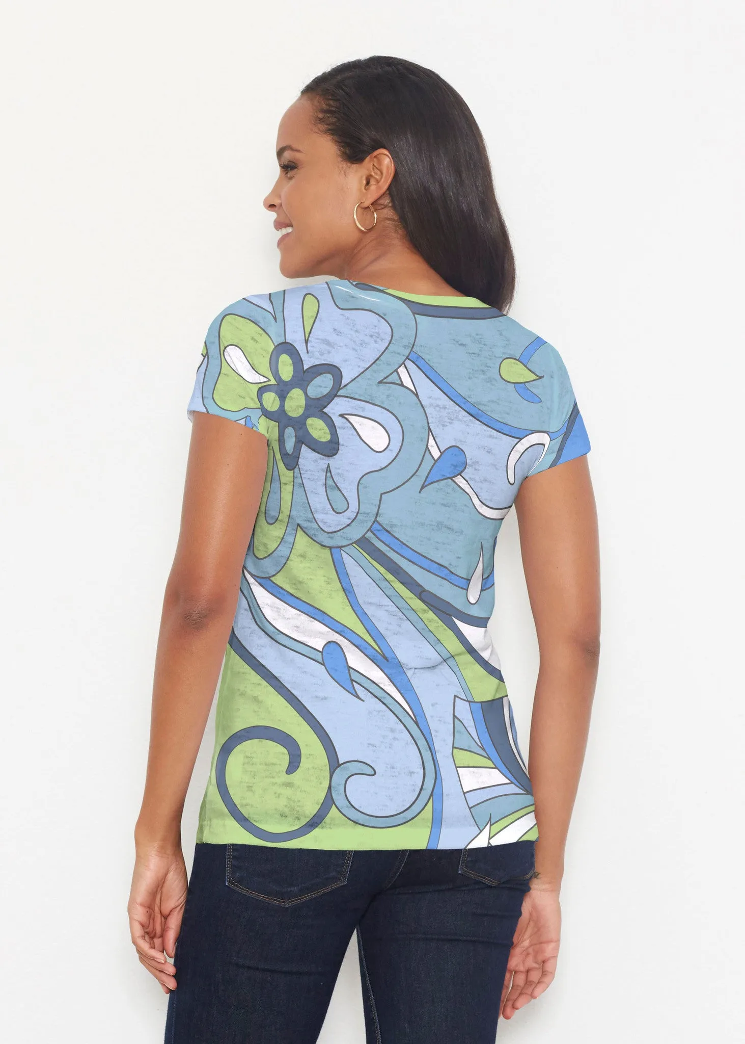 Floral Spritz Turquoise (22093) ~ Signature Short Sleeve Scoop Shirt