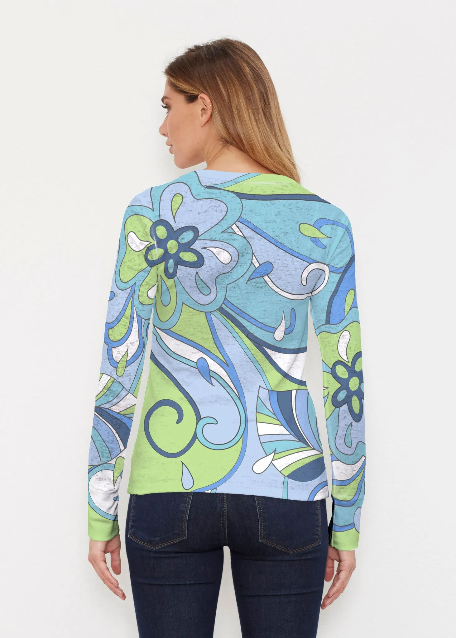 Floral Spritz Turquoise (22093) ~ Thermal Long Sleeve Crew Shirt