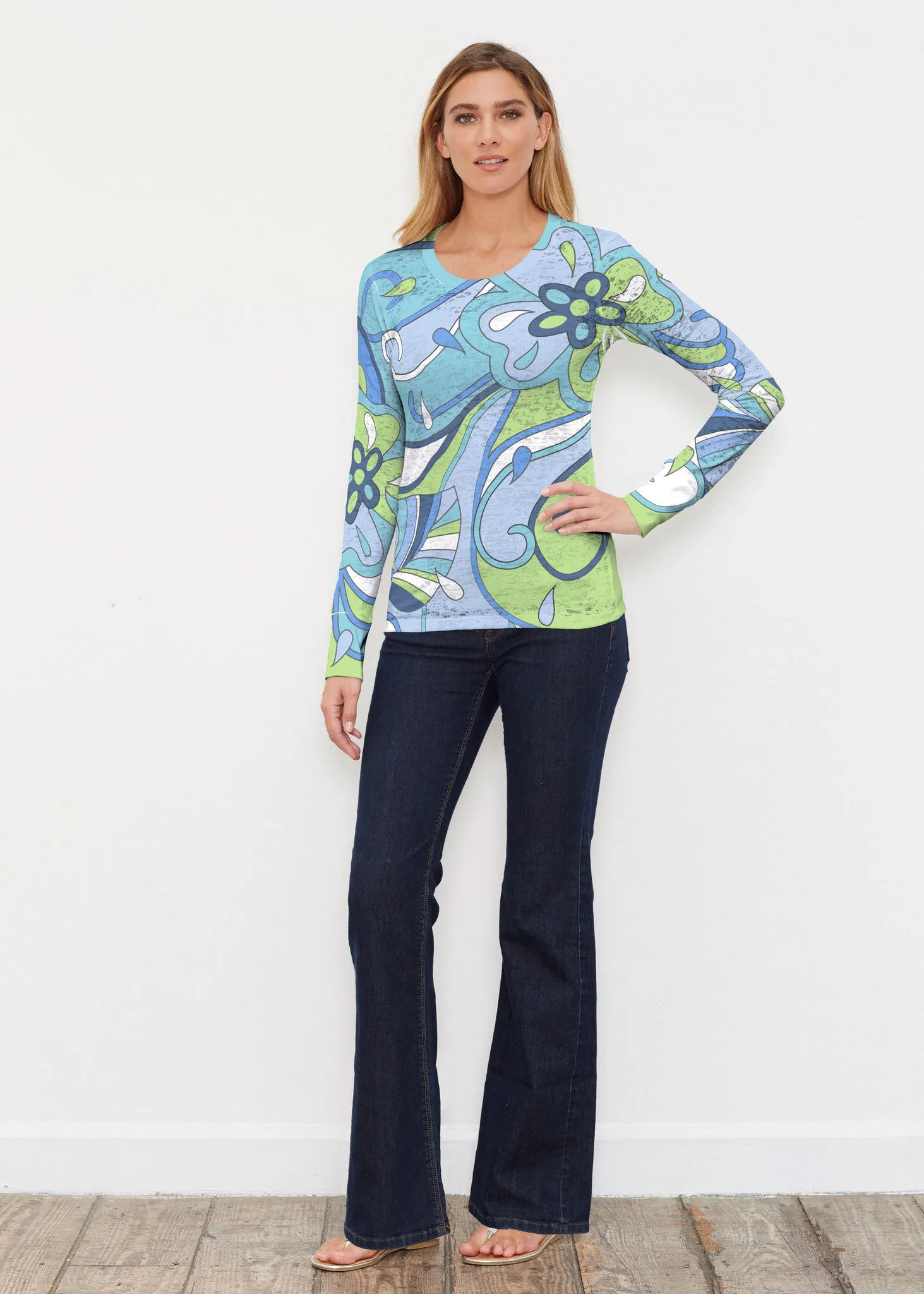 Floral Spritz Turquoise (22093) ~ Thermal Long Sleeve Crew Shirt