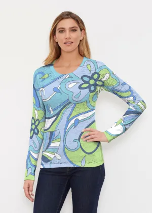 Floral Spritz Turquoise (22093) ~ Thermal Long Sleeve Crew Shirt