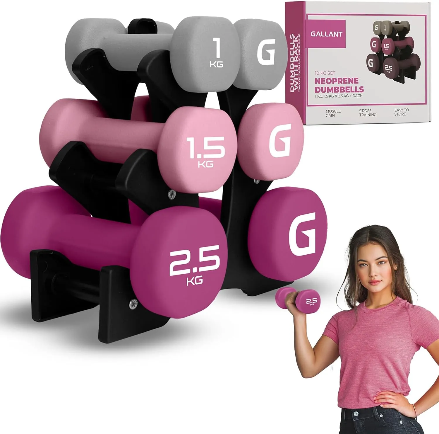 Gallant Hand Weights Dumbbell Set with Rack - 1KG, 1.5KG, 2.5KG Pair - Weight Set with Rack