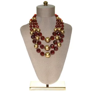 Gold and Smokey Topaz Bead Necklace, Triple Strand, Chunky, Statement Necklace, Torsade