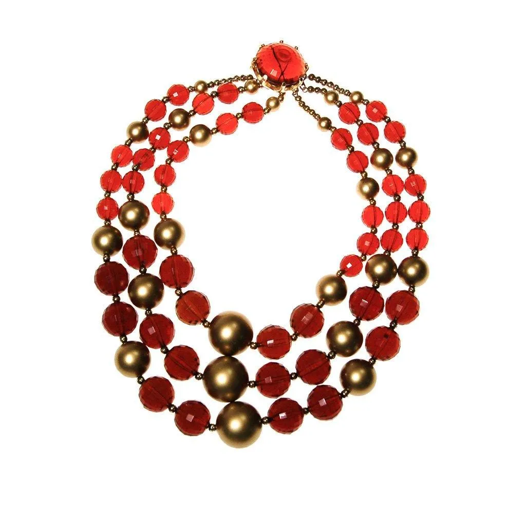 Gold and Smokey Topaz Bead Necklace, Triple Strand, Chunky, Statement Necklace, Torsade