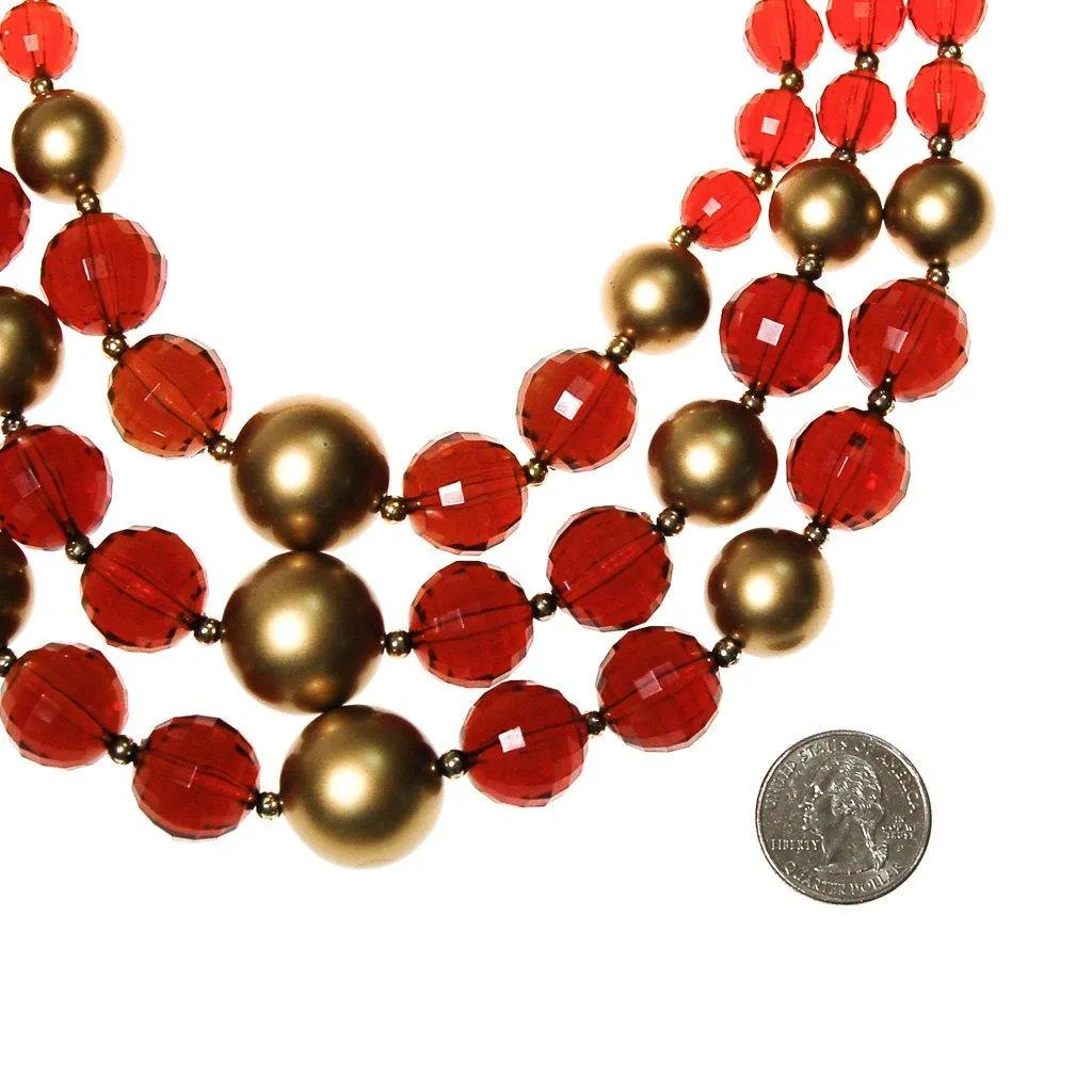 Gold and Smokey Topaz Bead Necklace, Triple Strand, Chunky, Statement Necklace, Torsade