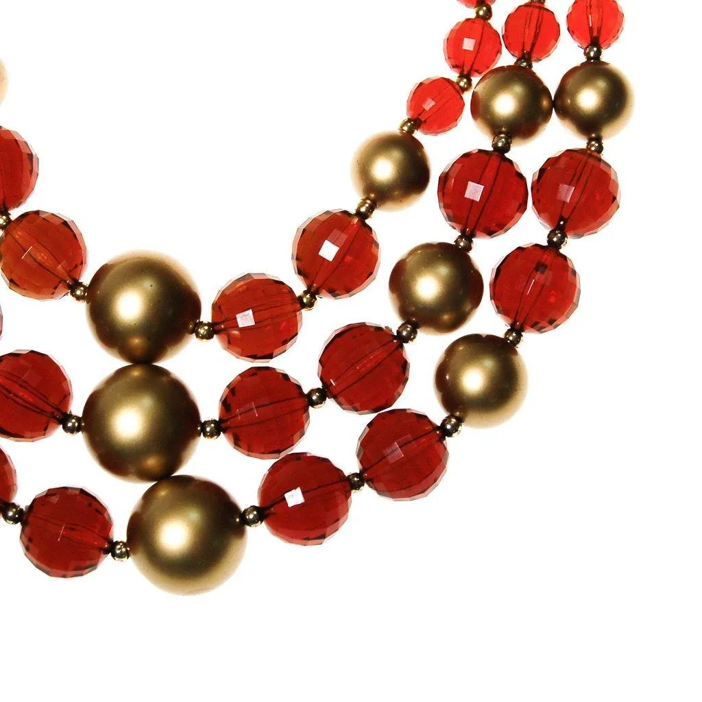 Gold and Smokey Topaz Bead Necklace, Triple Strand, Chunky, Statement Necklace, Torsade