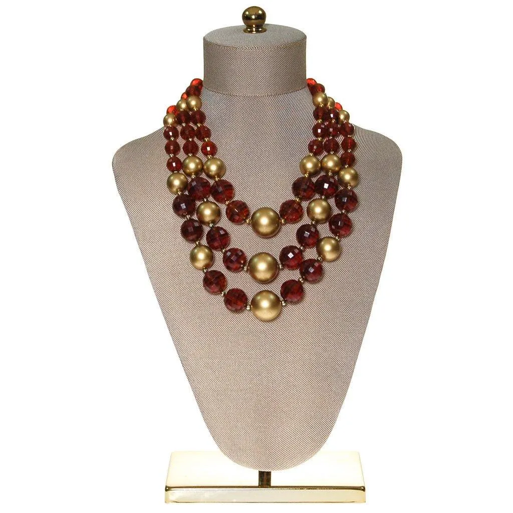 Gold and Smokey Topaz Bead Necklace, Triple Strand, Chunky, Statement Necklace, Torsade