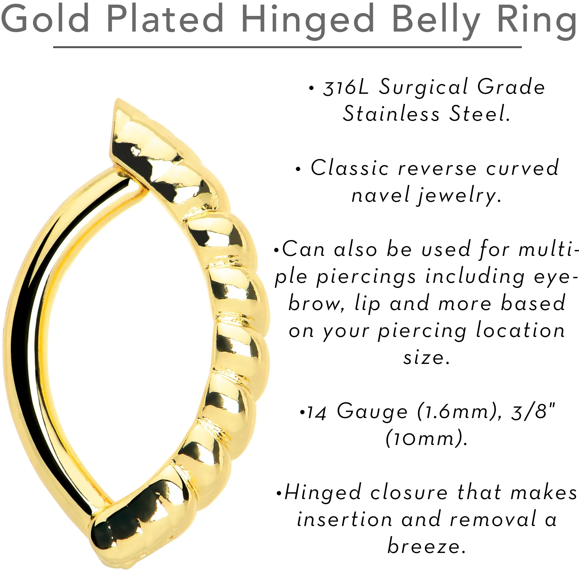 Gold Tone Classic Rope Style Hinged Hoop Belly Ring