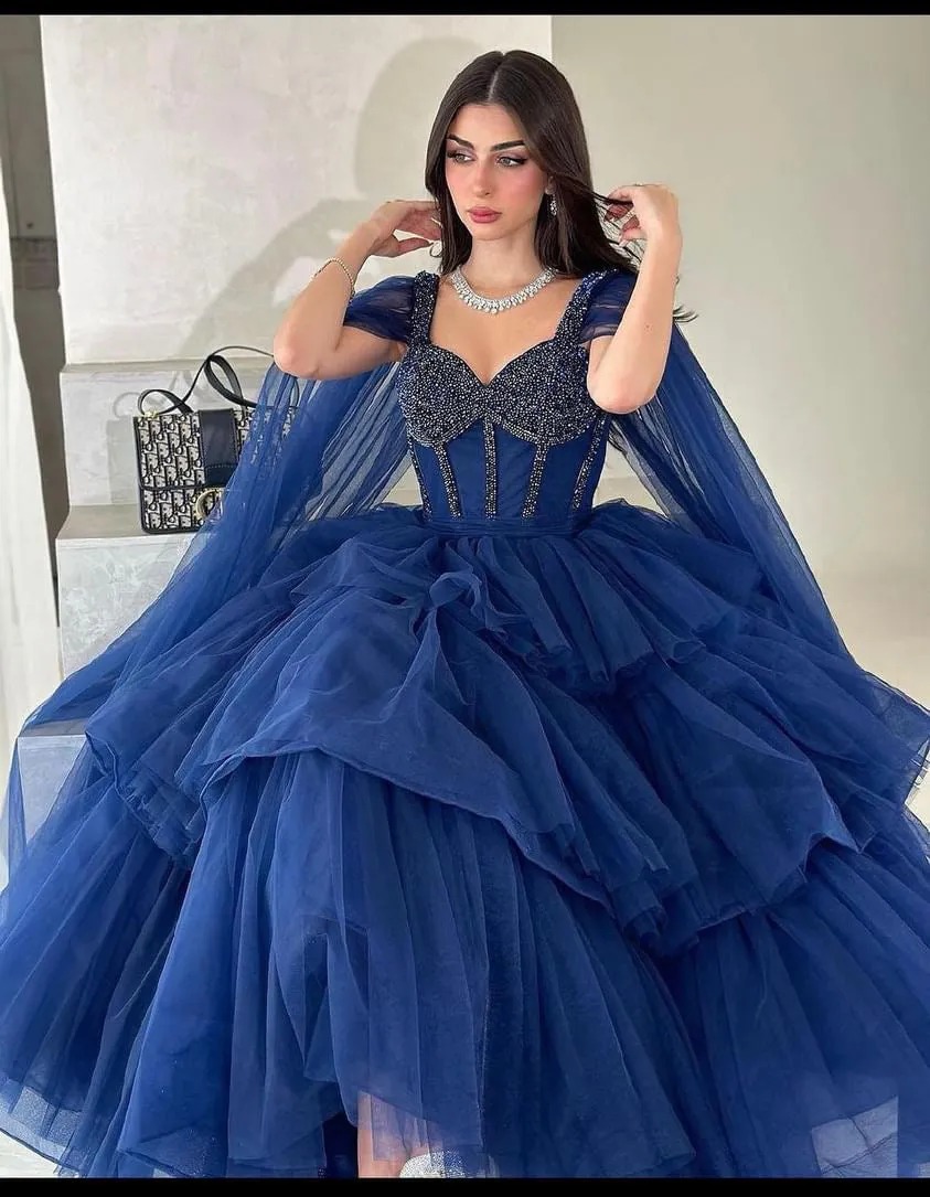 Gorgeous Tiered Ruffle Blue Prom Dresses Long Beaded Tulle Formal Wear