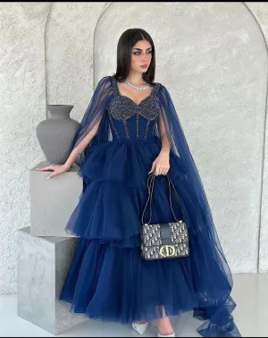 Gorgeous Tiered Ruffle Blue Prom Dresses Long Beaded Tulle Formal Wear