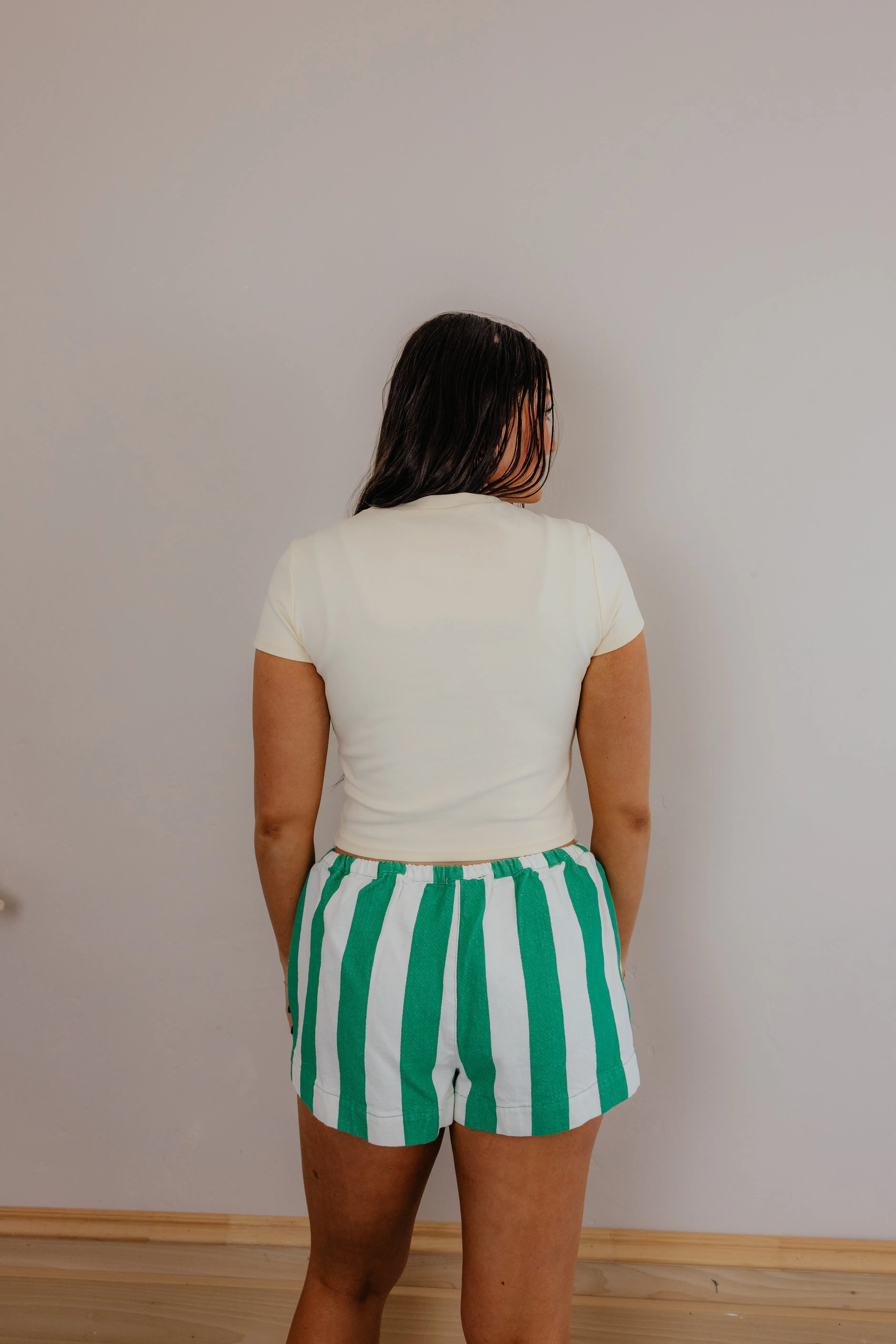 Green & White Striped Drawstring Shorts