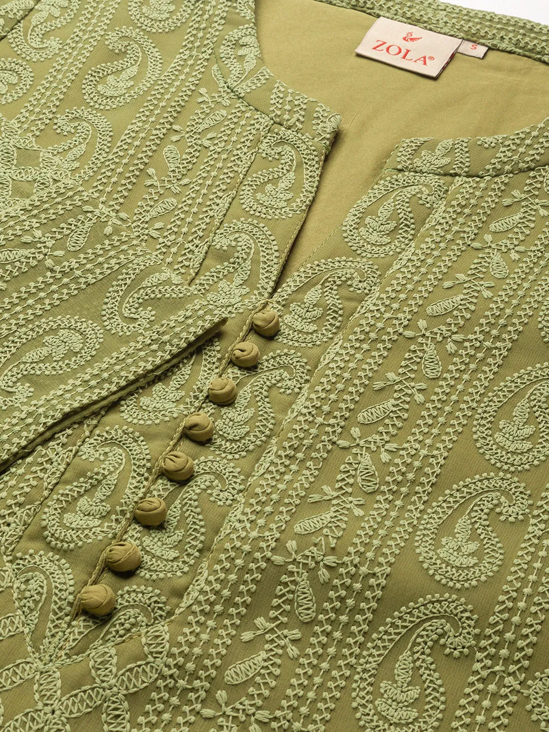 Green Chikankari Kurta - Olive Green Paisley Embroidered Georgette Lucknowi Chikankari Kurta For Women - ZOLA
