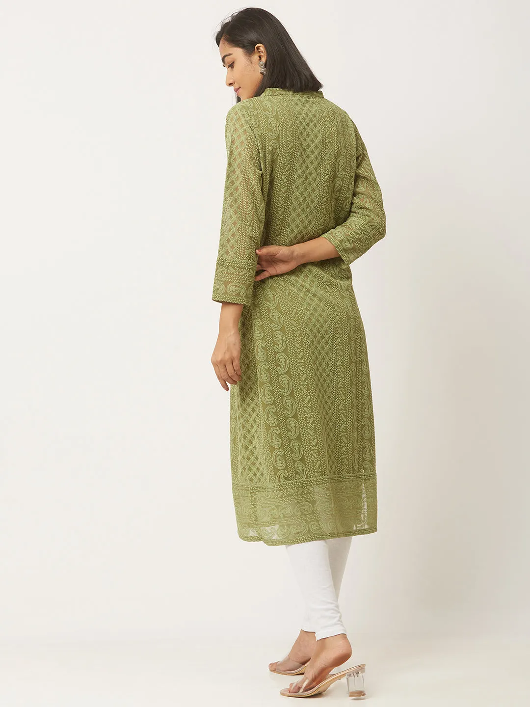 Green Chikankari Kurta - Olive Green Paisley Embroidered Georgette Lucknowi Chikankari Kurta For Women - ZOLA