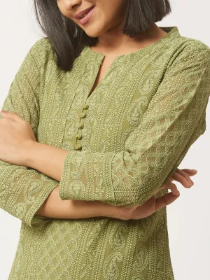 Green Chikankari Kurta - Olive Green Paisley Embroidered Georgette Lucknowi Chikankari Kurta For Women - ZOLA