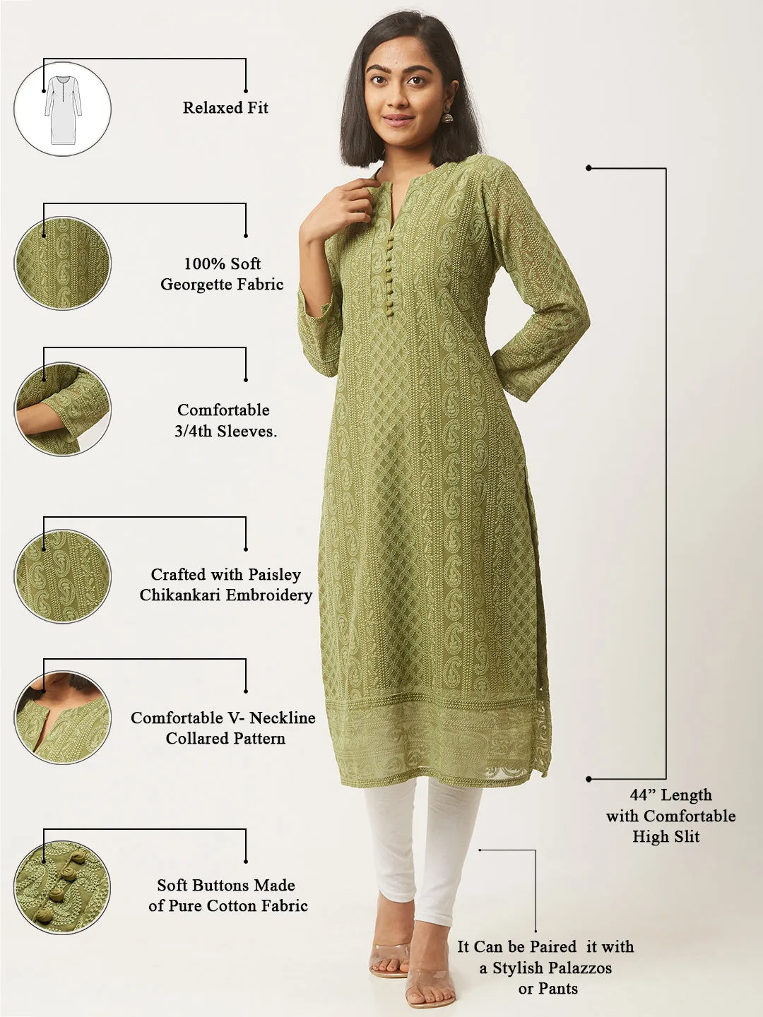 Green Chikankari Kurta - Olive Green Paisley Embroidered Georgette Lucknowi Chikankari Kurta For Women - ZOLA