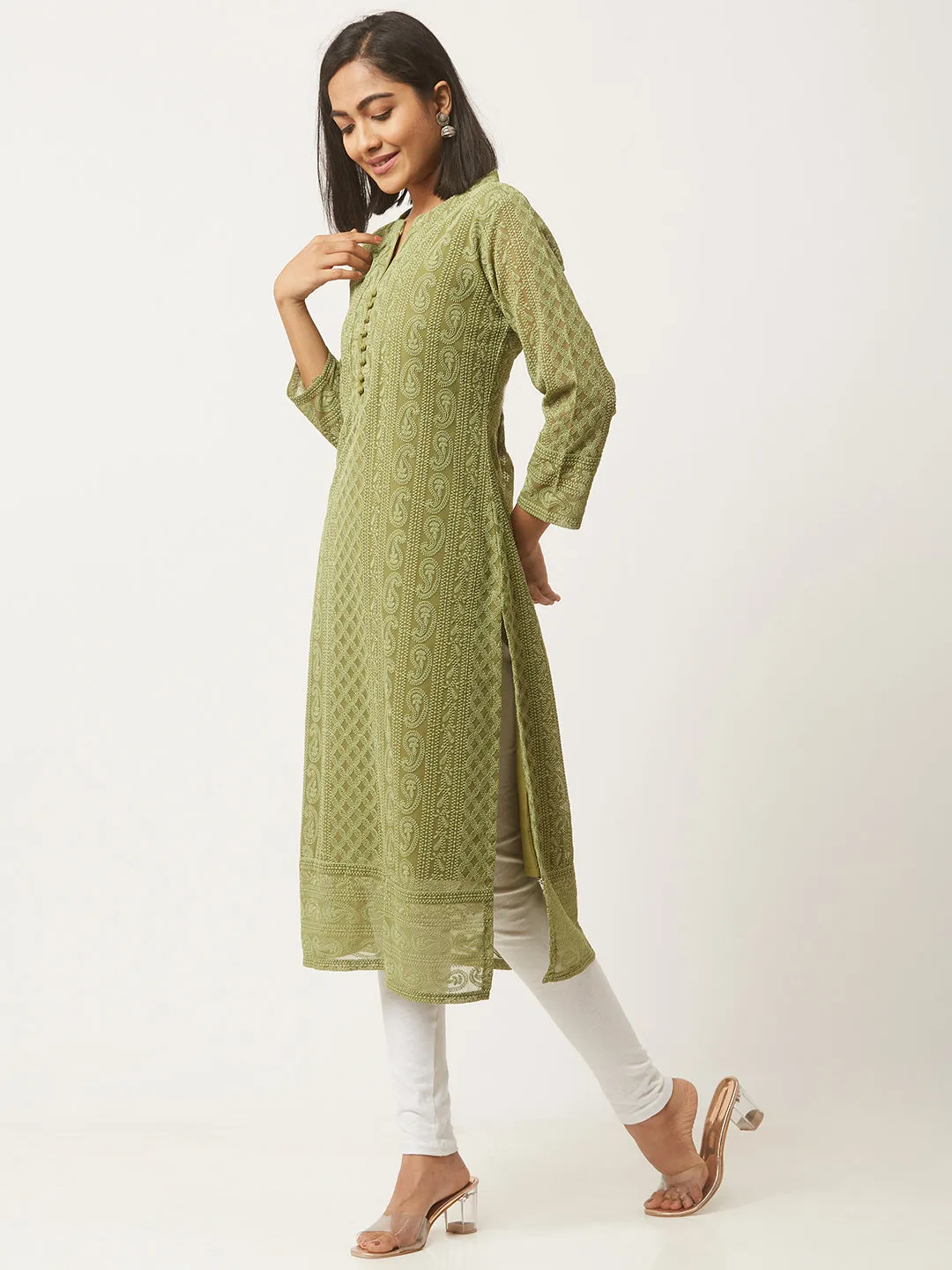 Green Chikankari Kurta - Olive Green Paisley Embroidered Georgette Lucknowi Chikankari Kurta For Women - ZOLA