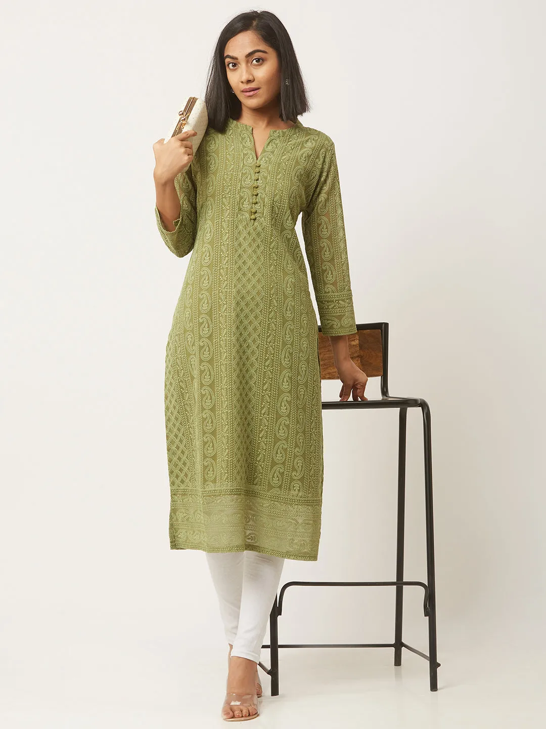 Green Chikankari Kurta - Olive Green Paisley Embroidered Georgette Lucknowi Chikankari Kurta For Women - ZOLA