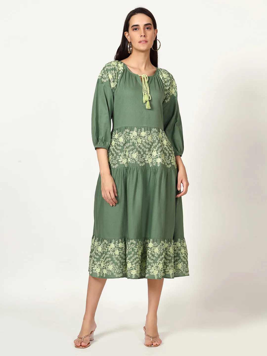 Green Cotton Linen Embroidered Dress with Neck Tie-up