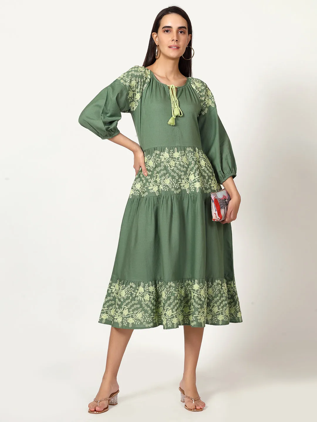 Green Cotton Linen Embroidered Dress with Neck Tie-up