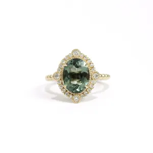 Green Tourmaline Diamond Bezel and Halo Ring