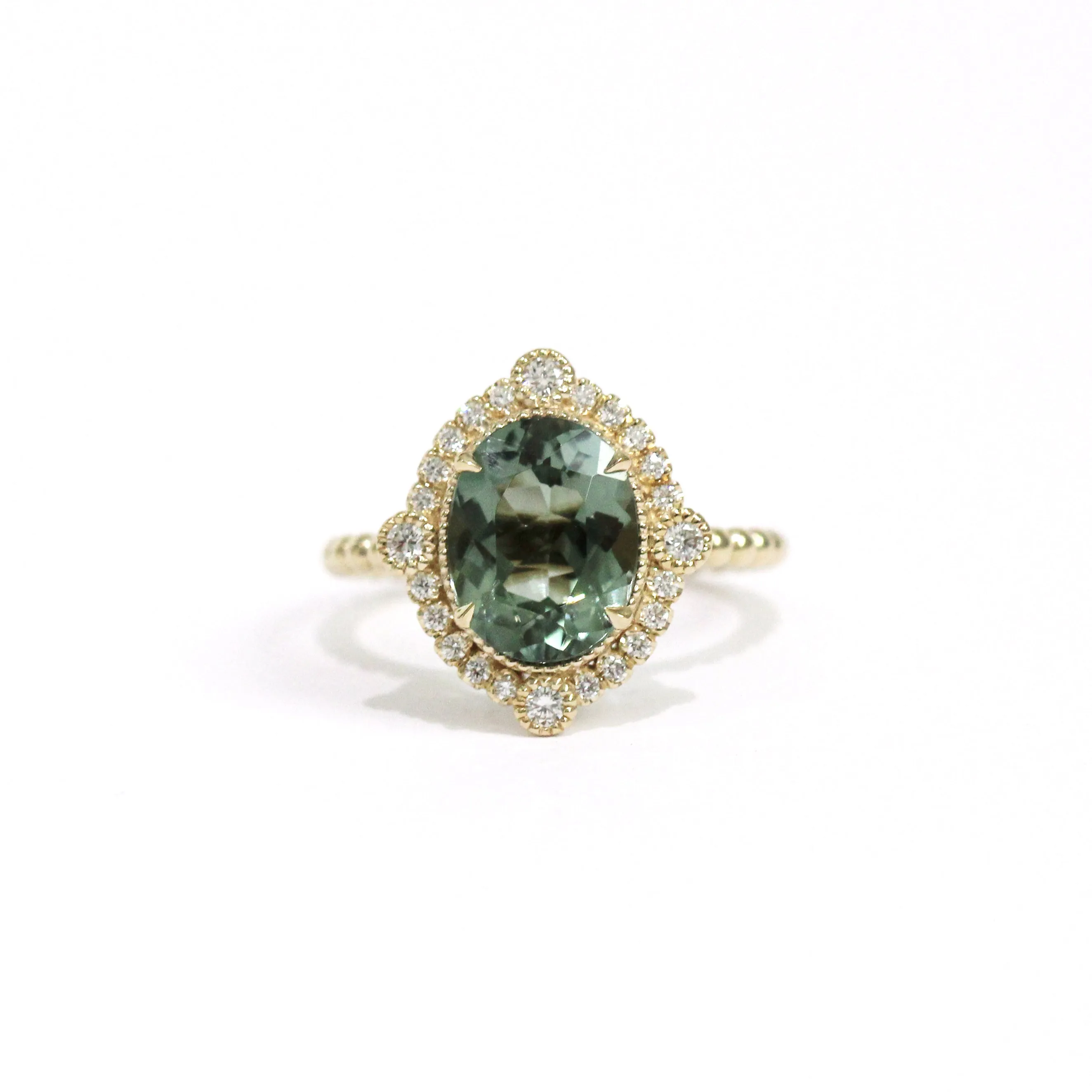 Green Tourmaline Diamond Bezel and Halo Ring