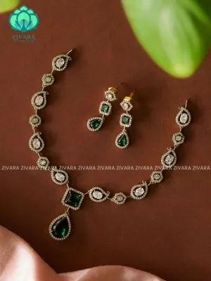 GREEN WHITE STONE TEAR PENDANT   - stylish and minimal elegant neckwear with earrings- Zivara Fashion