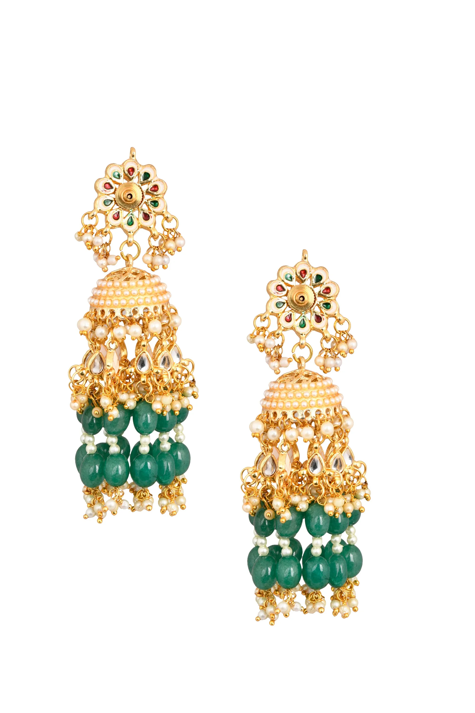 Handcrafted Emerald & Pearl Beaded Dome Shaped Jhumki