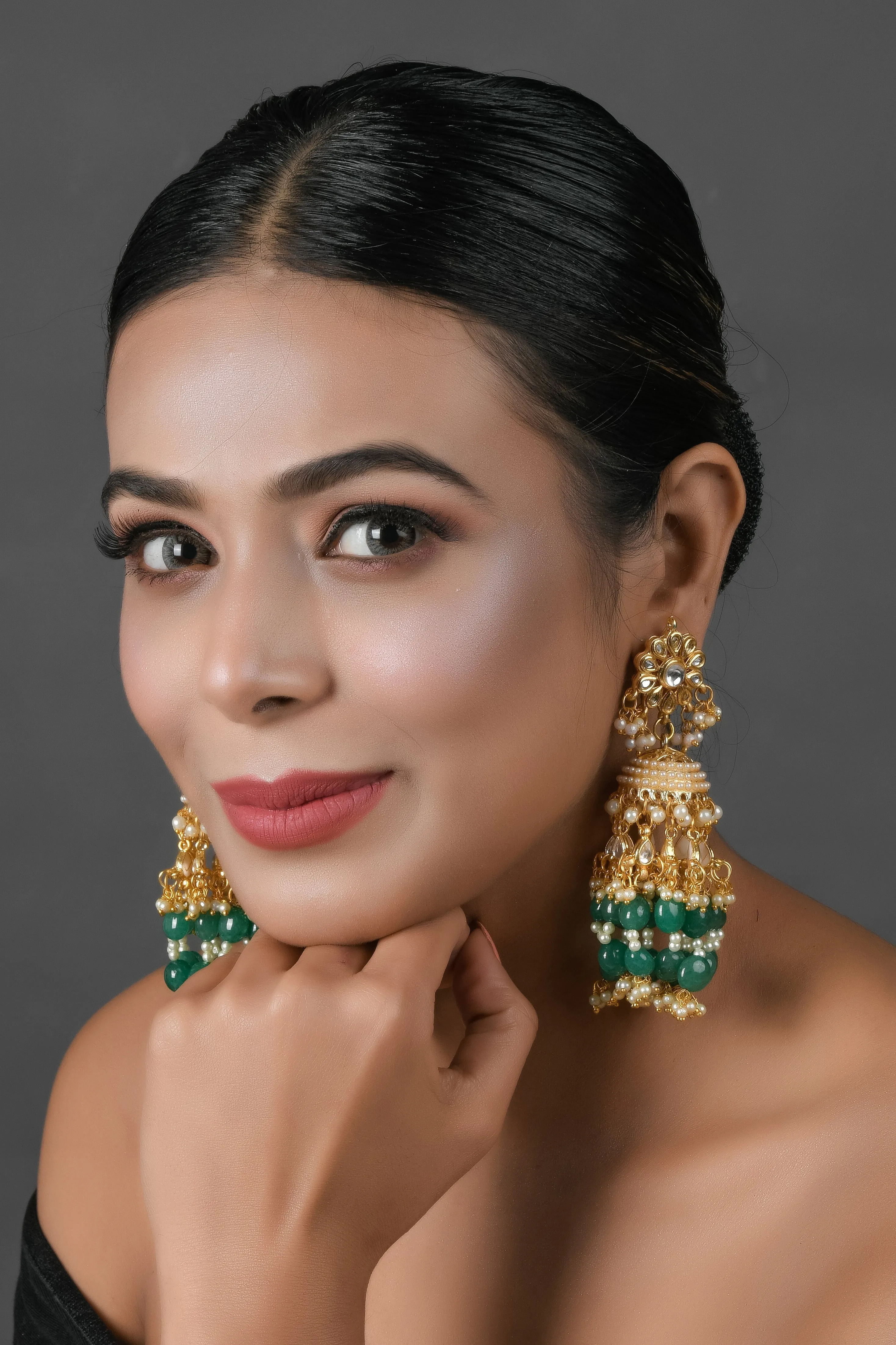 Handcrafted Emerald & Pearl Beaded Dome Shaped Jhumki