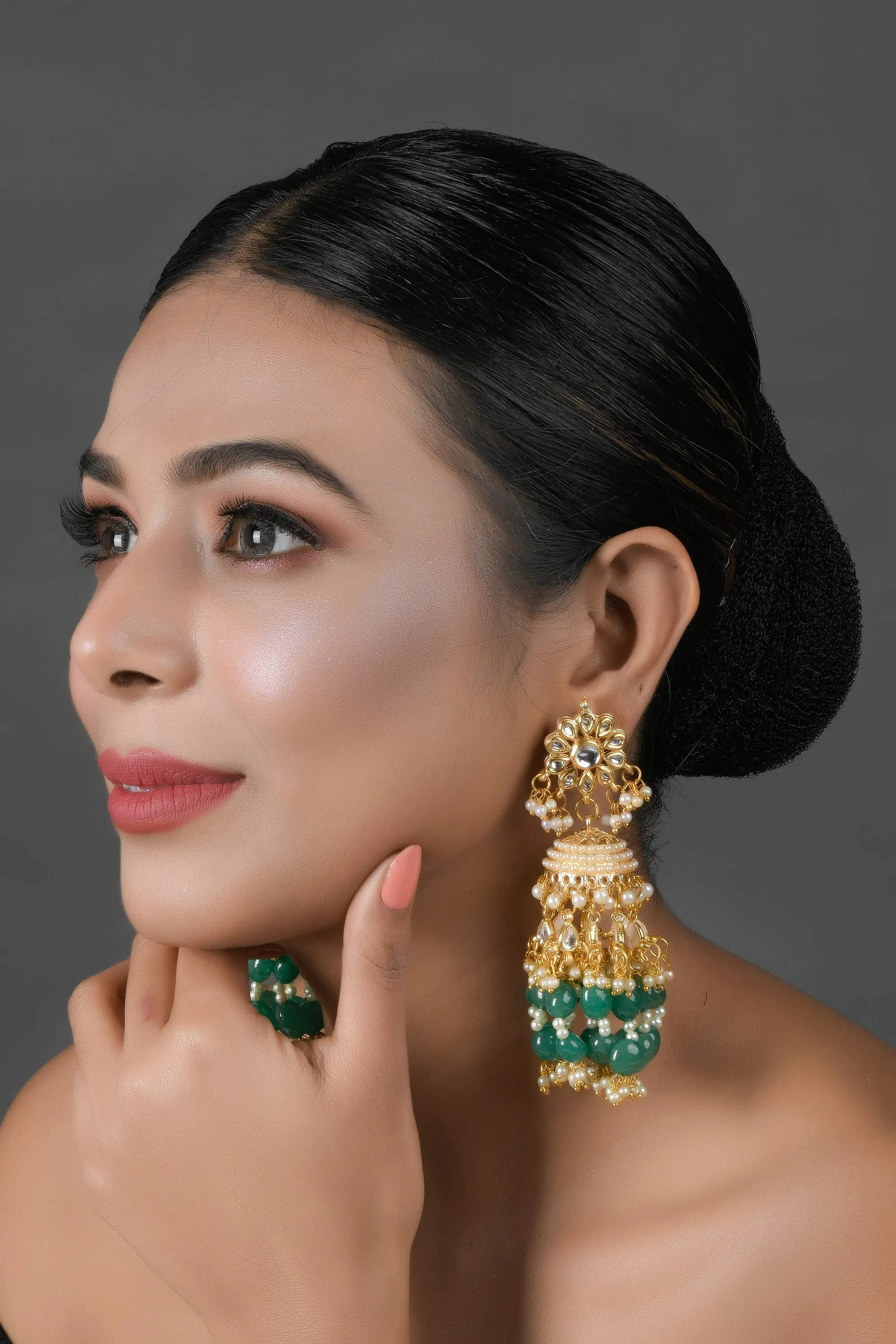 Handcrafted Emerald & Pearl Beaded Dome Shaped Jhumki