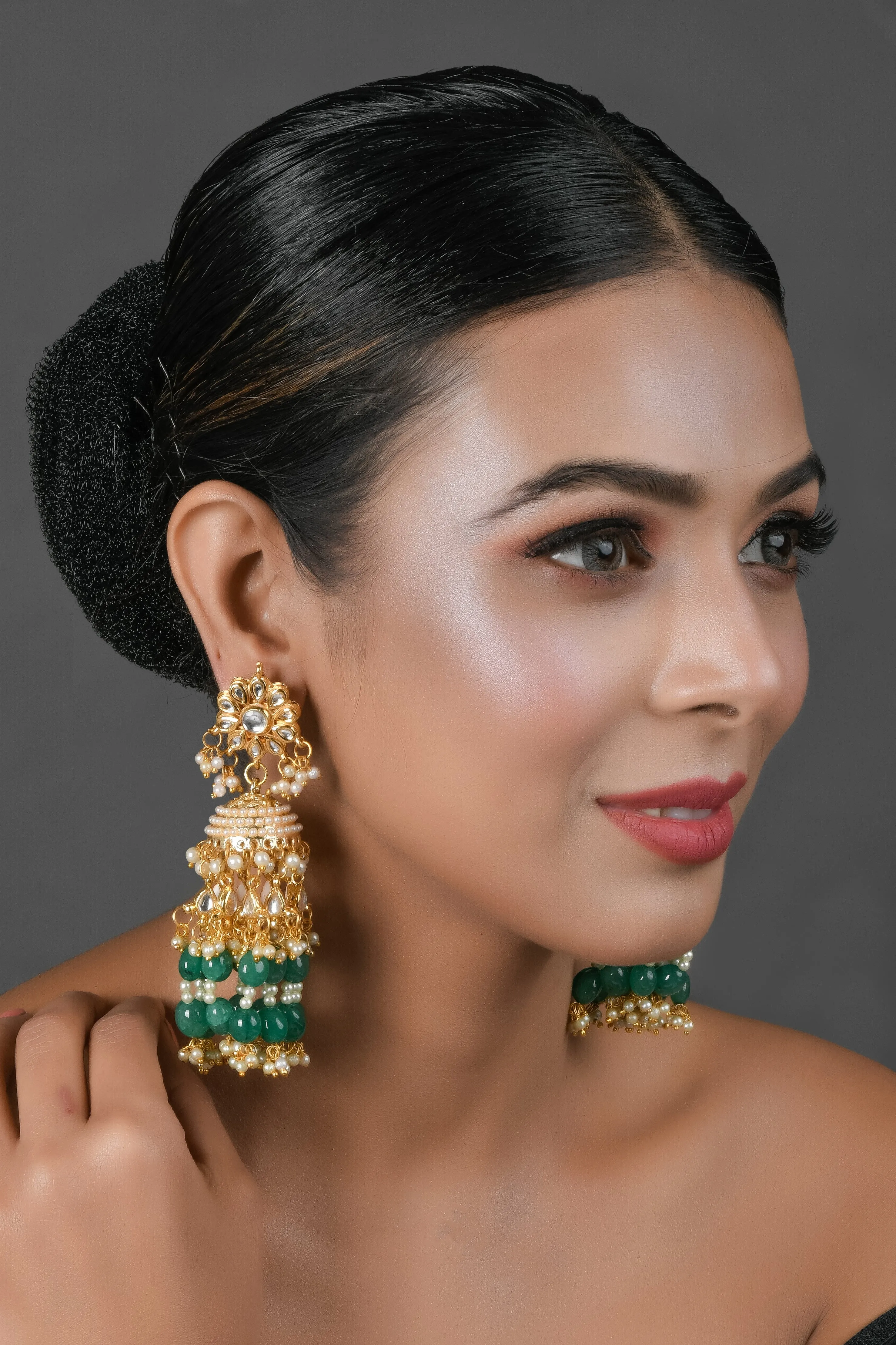 Handcrafted Emerald & Pearl Beaded Dome Shaped Jhumki