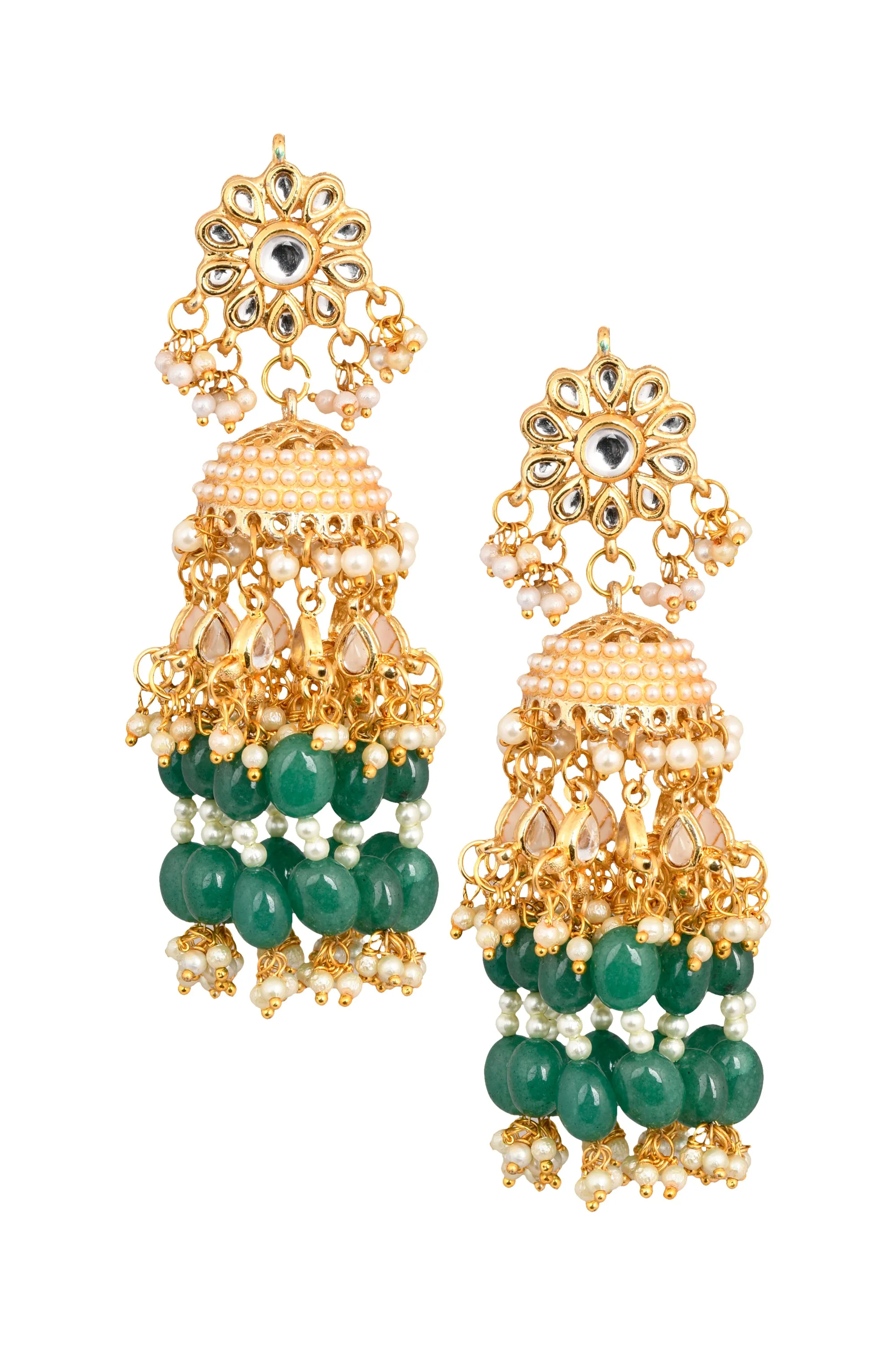 Handcrafted Emerald & Pearl Beaded Dome Shaped Jhumki