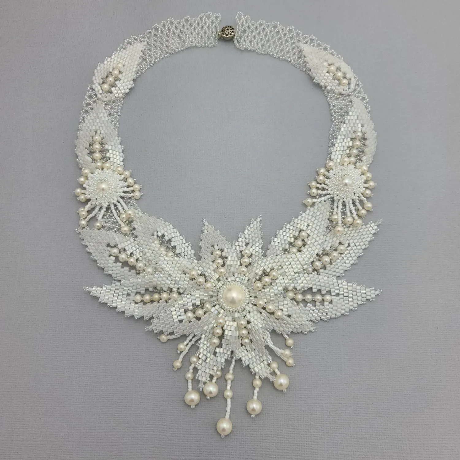 Handcrafted White Pearlised Seed Beads Necklace with Pearl Accents.