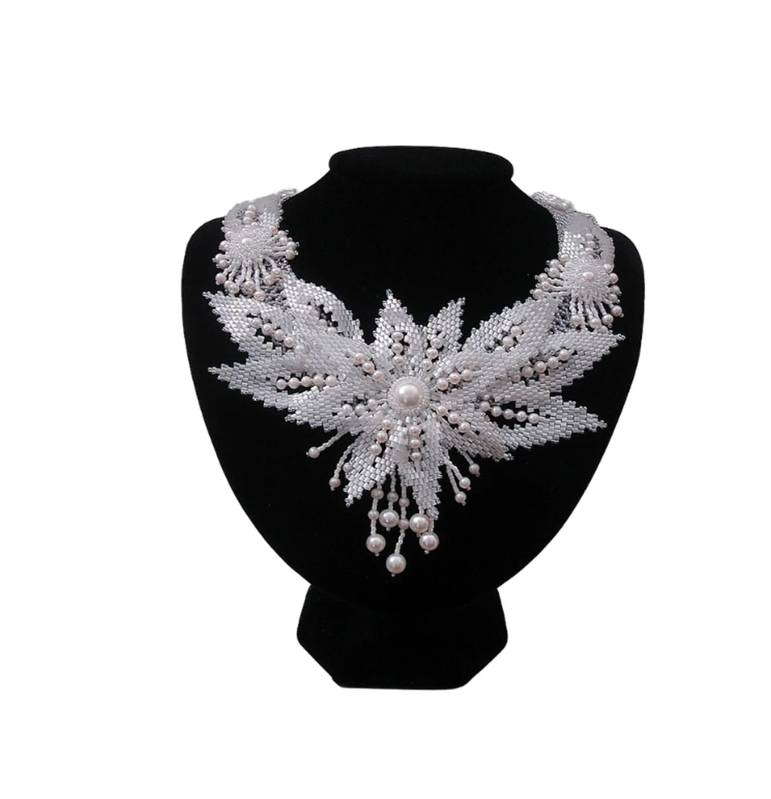 Handcrafted White Pearlised Seed Beads Necklace with Pearl Accents.