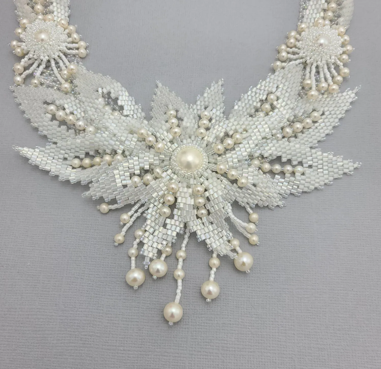 Handcrafted White Pearlised Seed Beads Necklace with Pearl Accents.