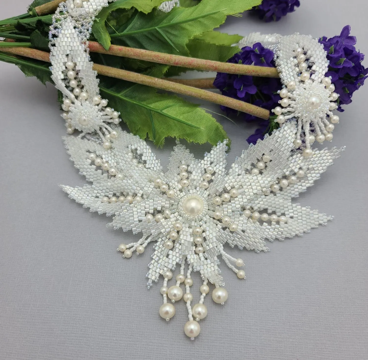 Handcrafted White Pearlised Seed Beads Necklace with Pearl Accents.
