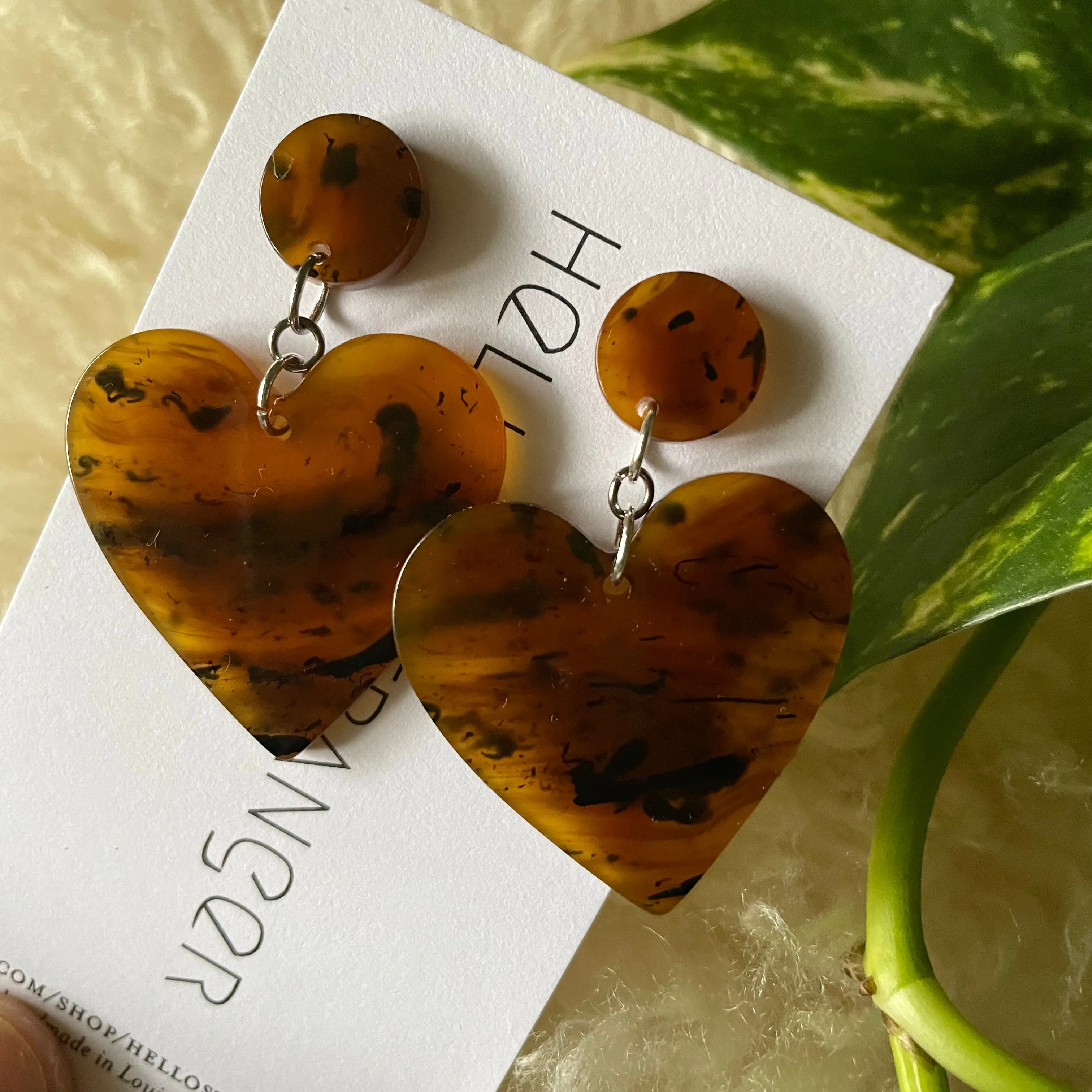Handmade Acrylic Heart dangle Earrings in Tortoise // made in USA by Hello Stranger