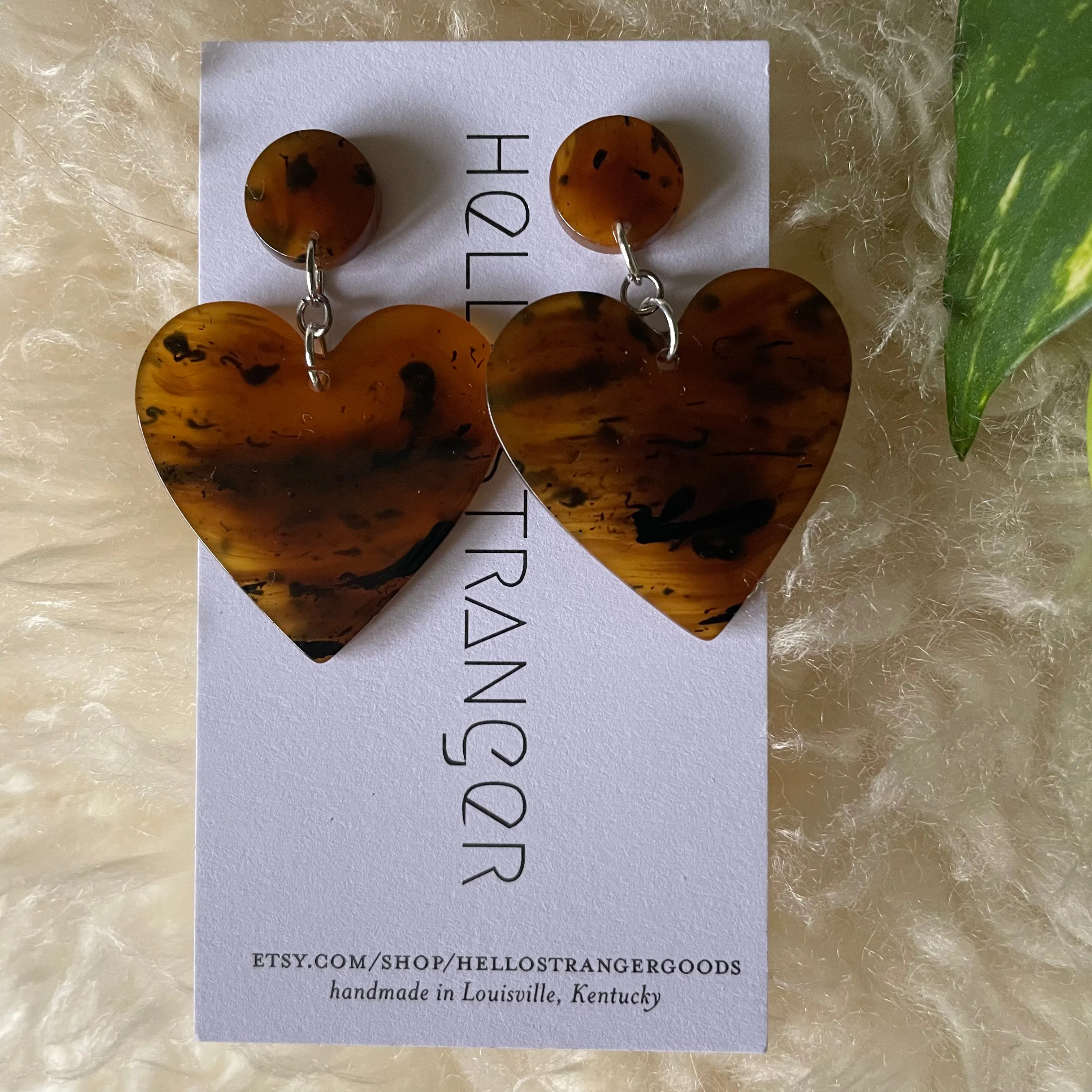 Handmade Acrylic Heart dangle Earrings in Tortoise // made in USA by Hello Stranger