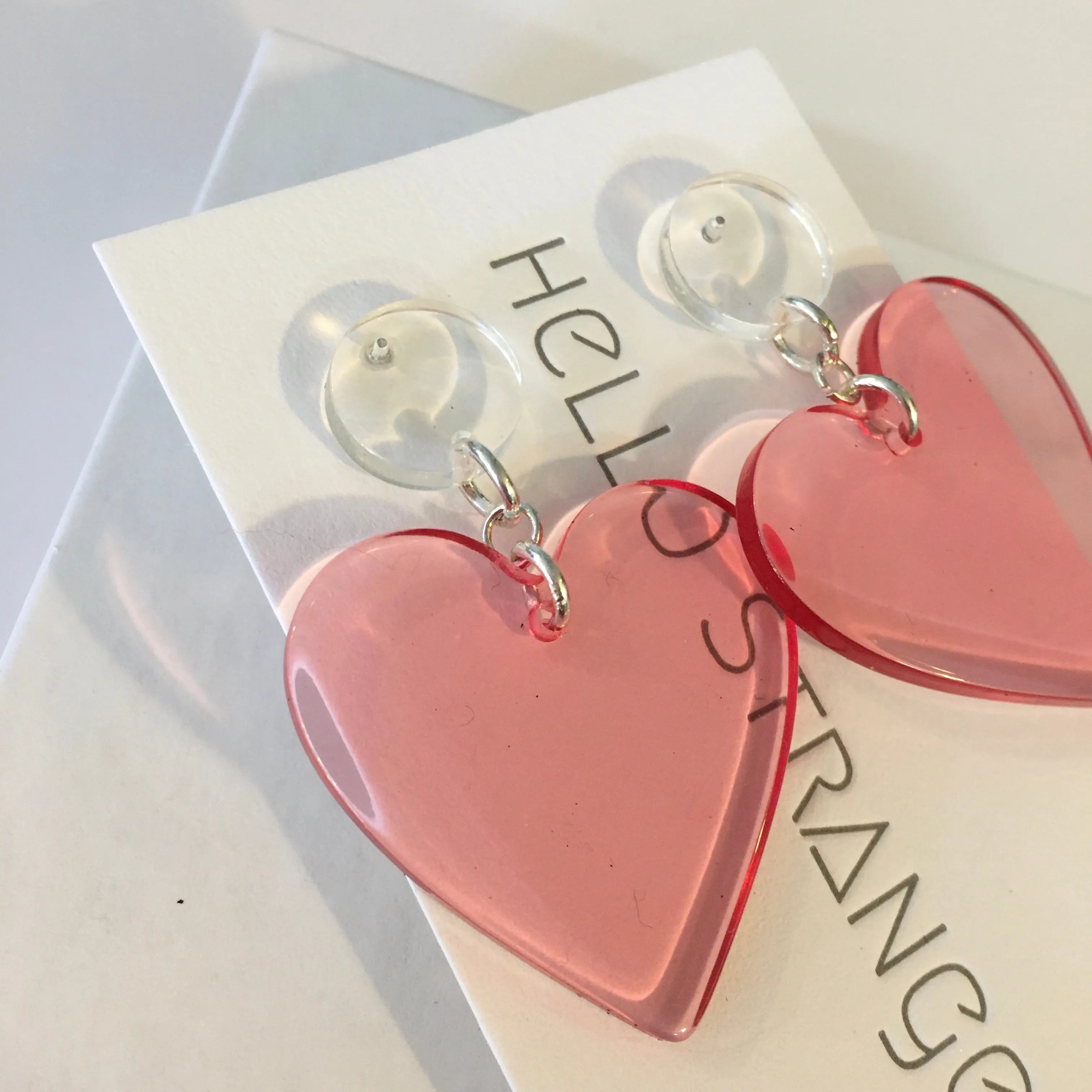 Handmade Pink Acrylic Heart dangle Earrings by Hello Stranger