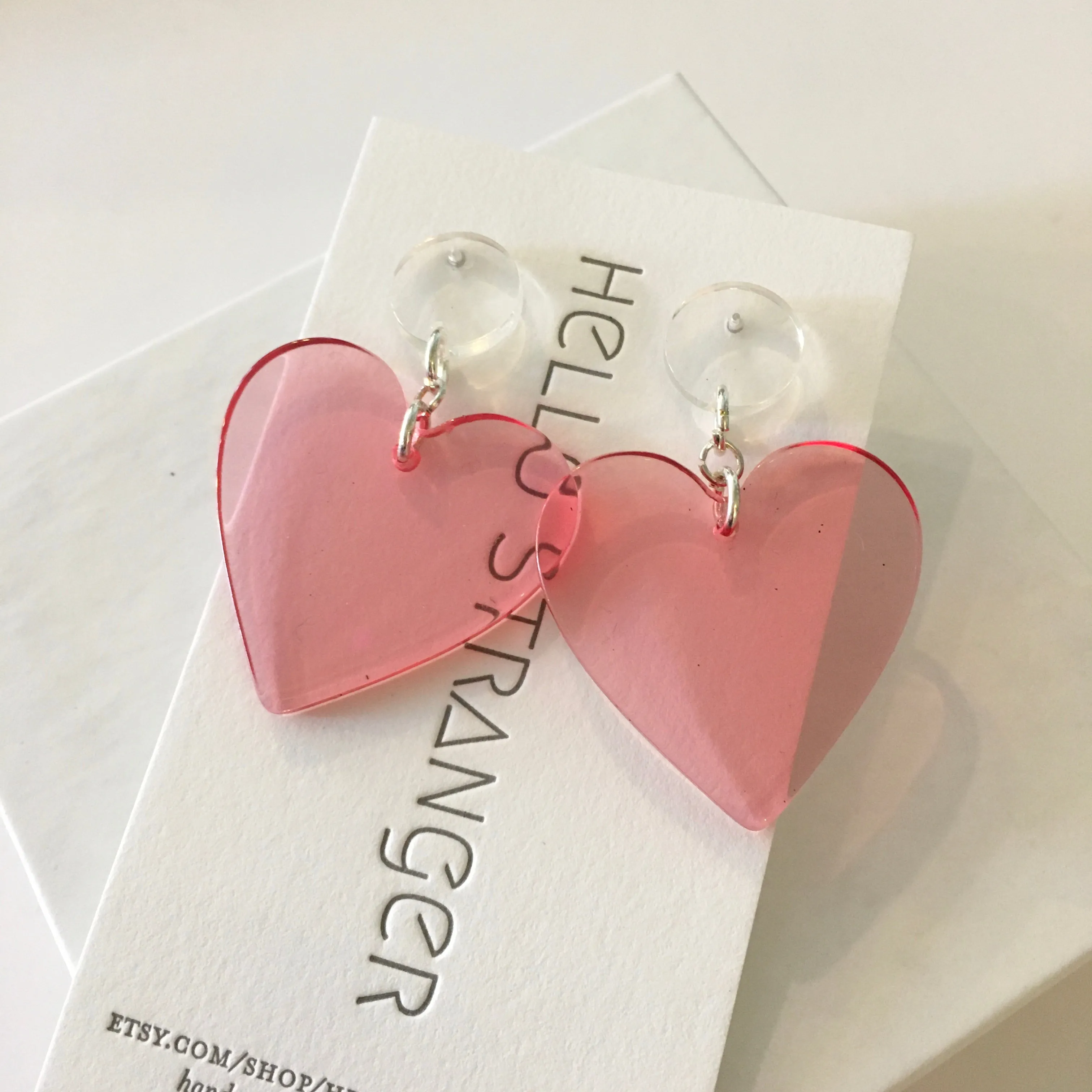 Handmade Pink Acrylic Heart dangle Earrings by Hello Stranger