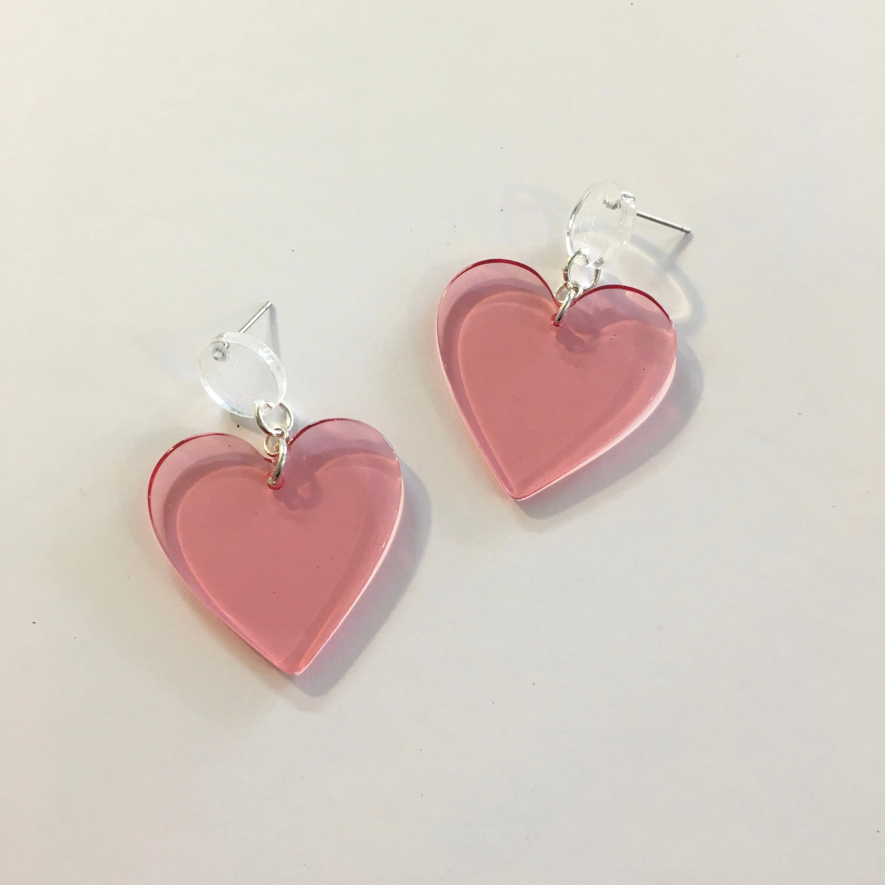 Handmade Pink Acrylic Heart dangle Earrings by Hello Stranger