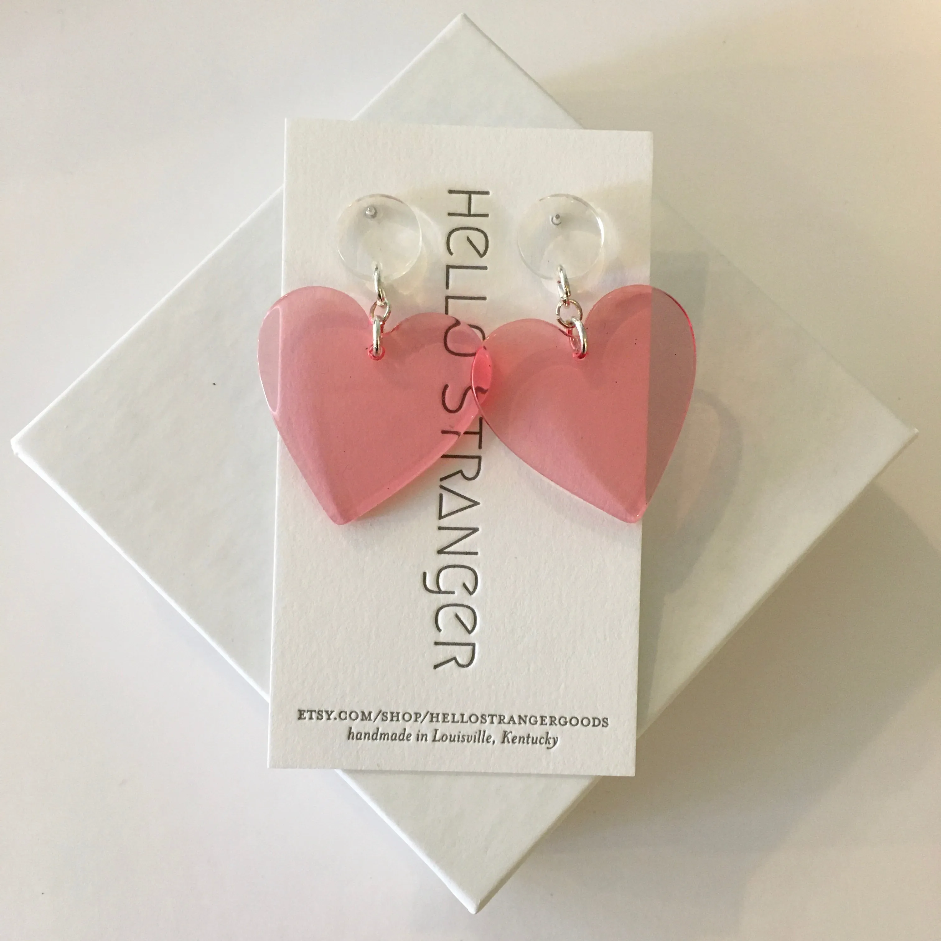 Handmade Pink Acrylic Heart dangle Earrings by Hello Stranger