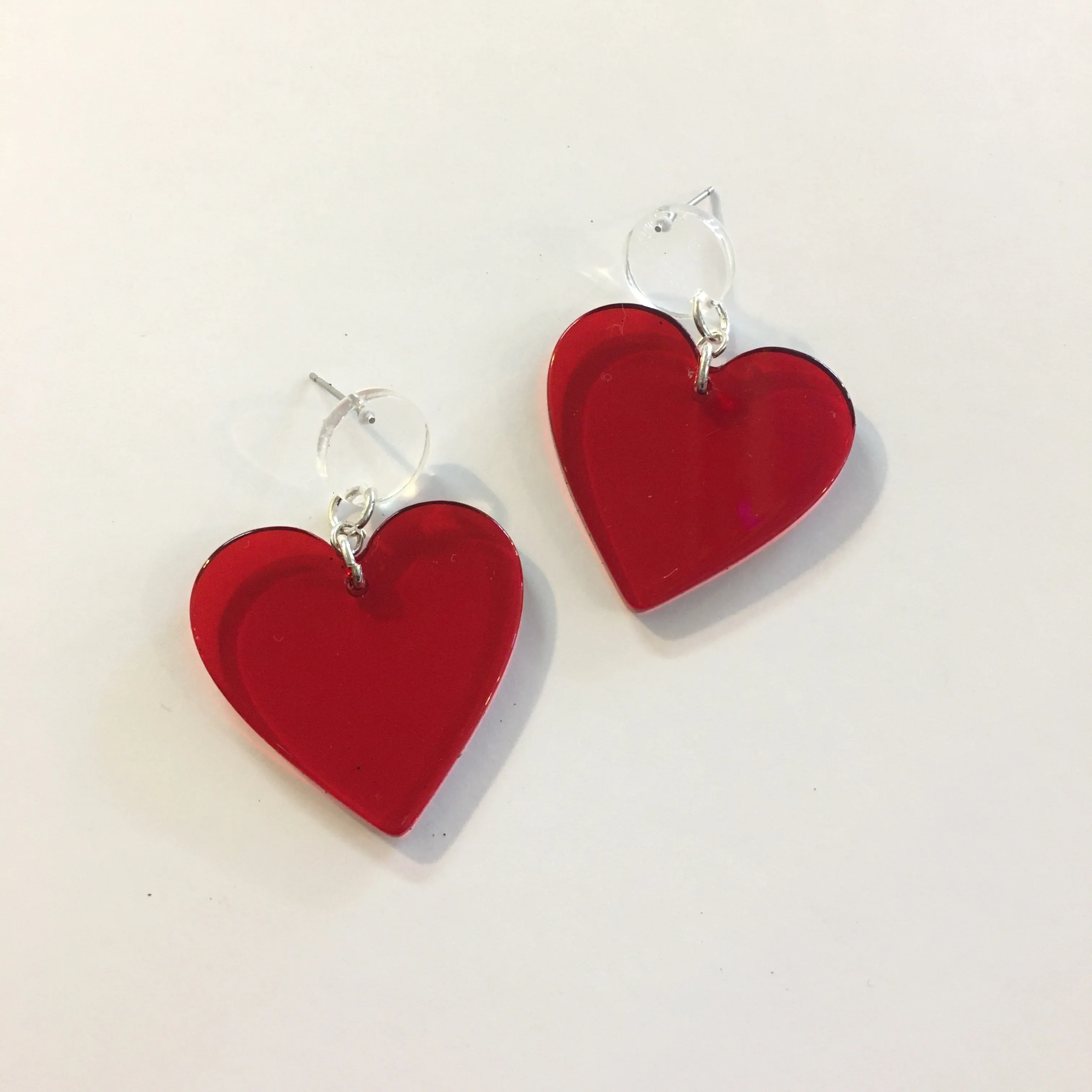 Handmade Red Acrylic Heart dangle Earrings by Hello Stranger