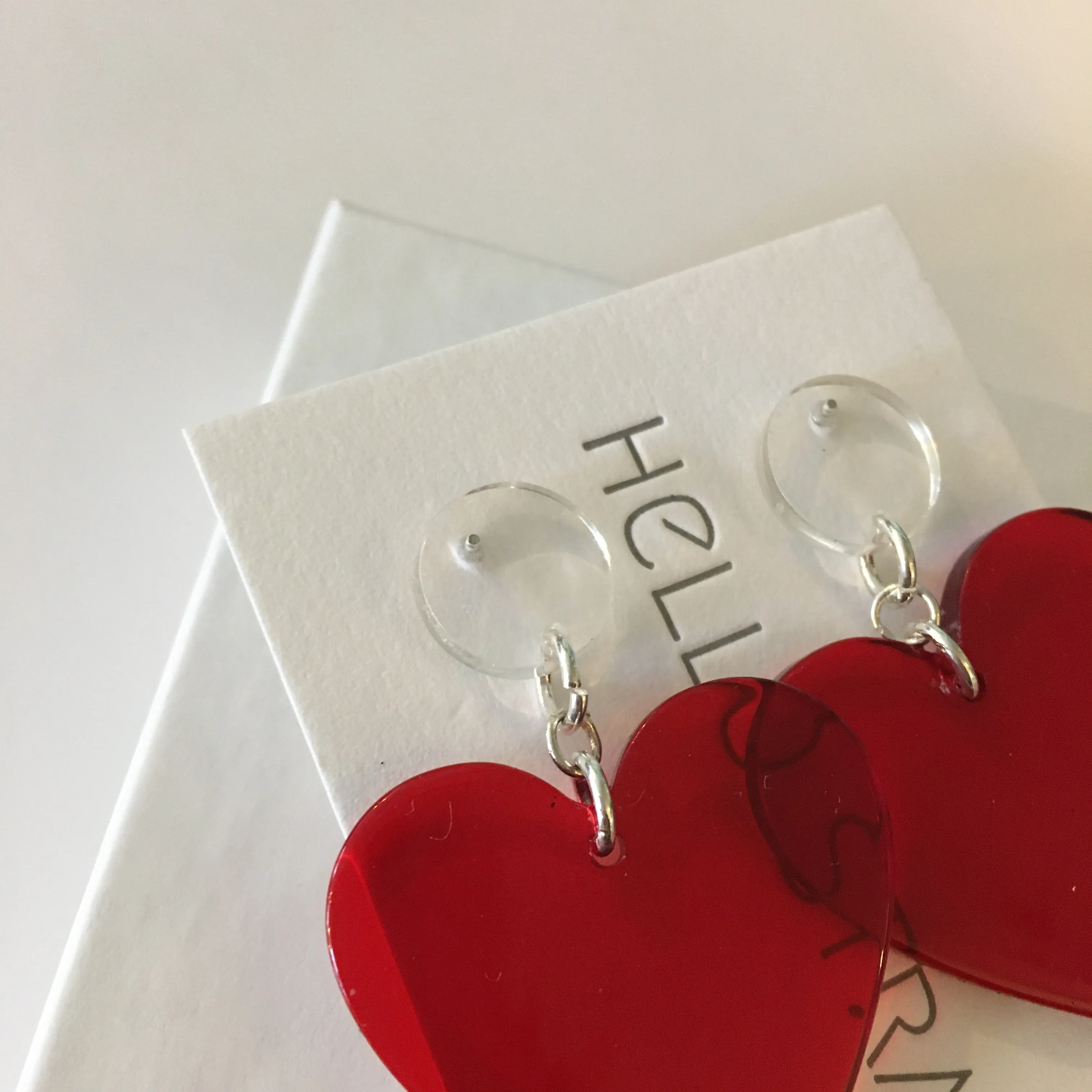 Handmade Red Acrylic Heart dangle Earrings by Hello Stranger
