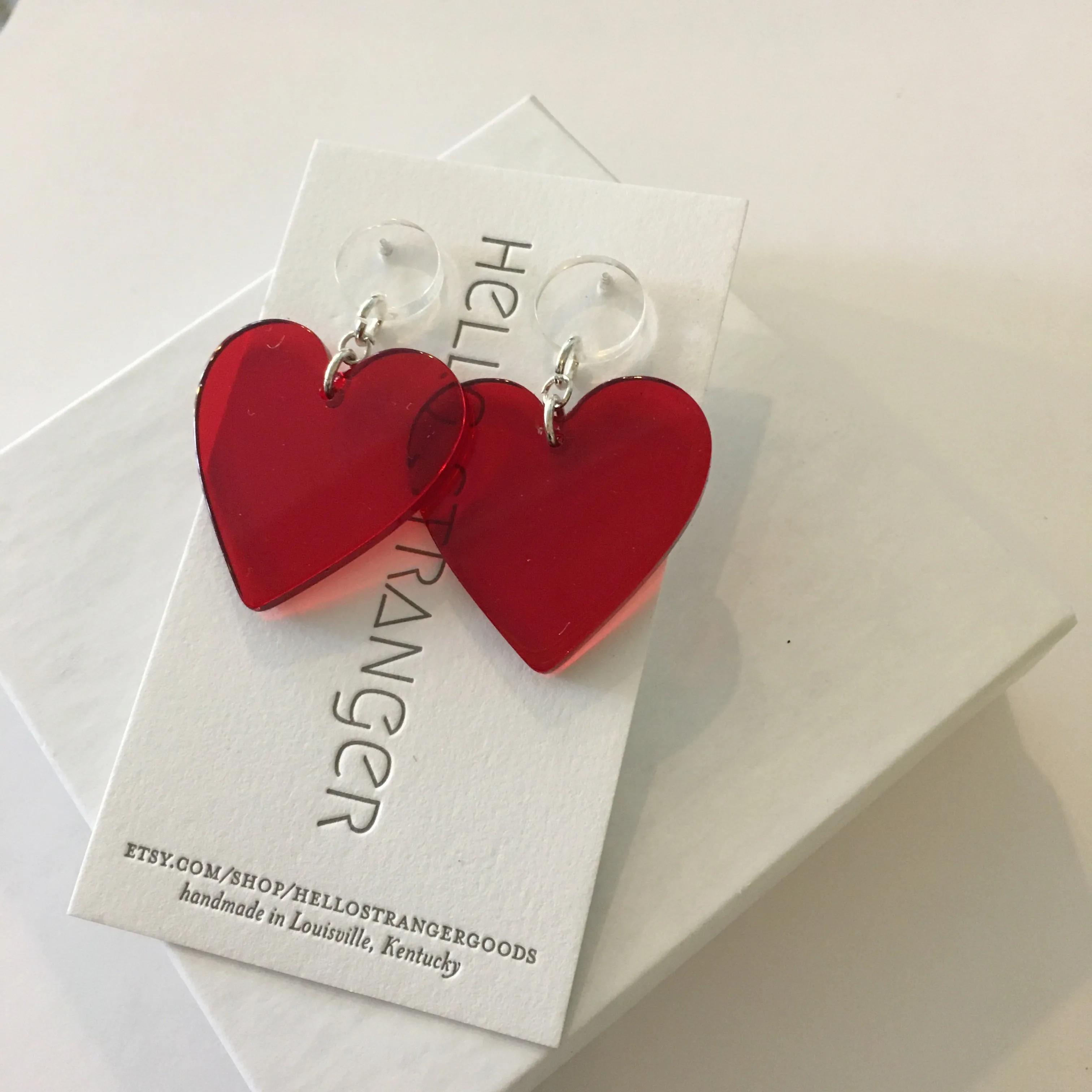 Handmade Red Acrylic Heart dangle Earrings by Hello Stranger