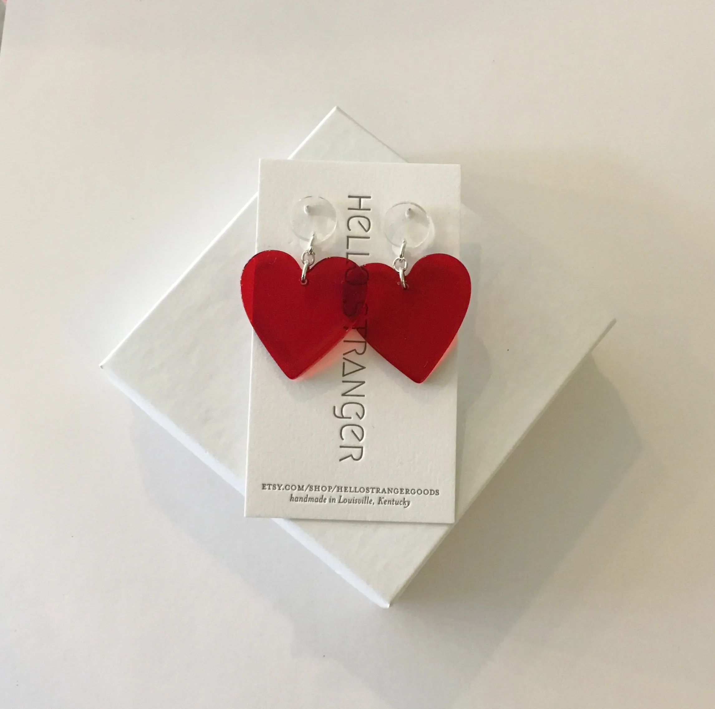 Handmade Red Acrylic Heart dangle Earrings by Hello Stranger