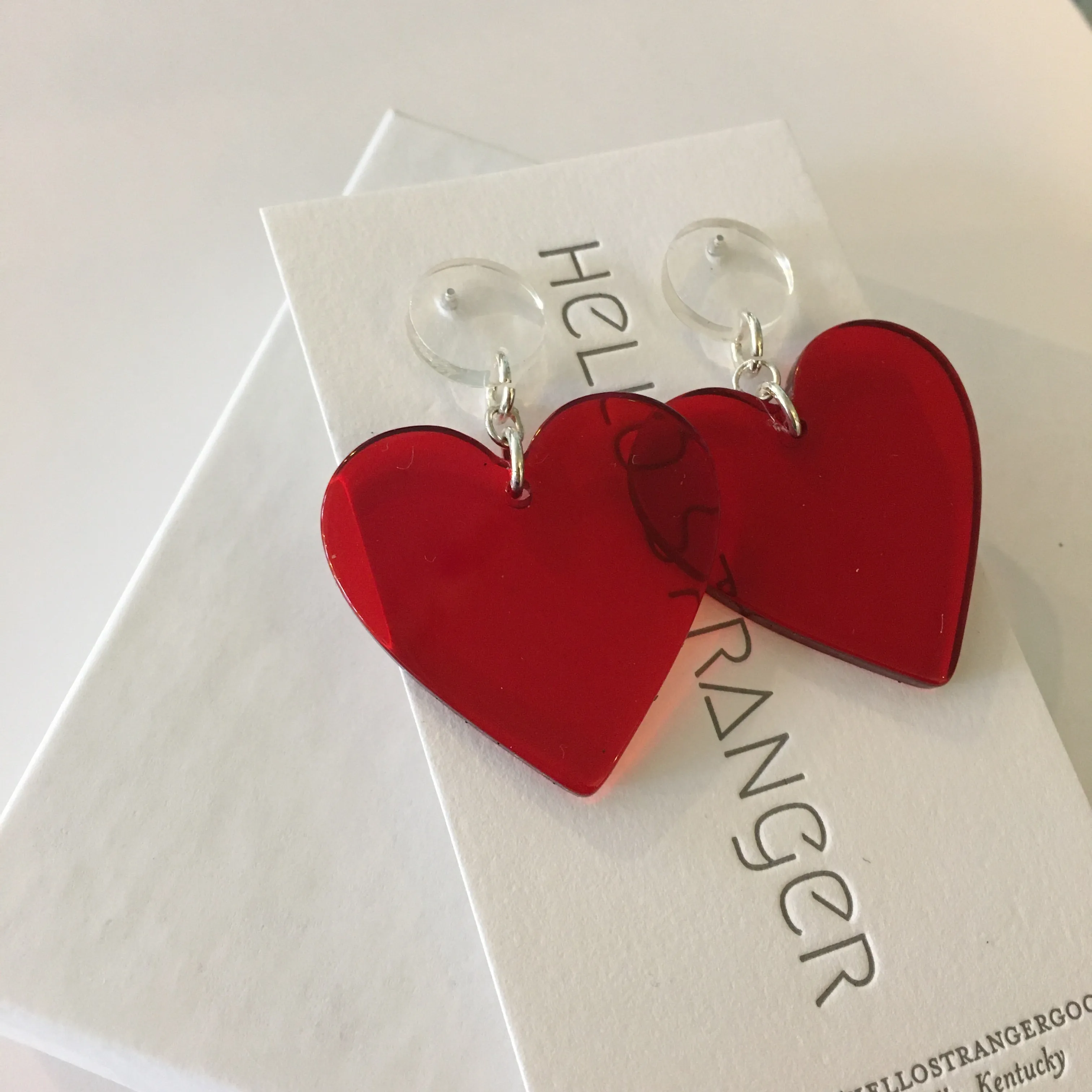 Handmade Red Acrylic Heart dangle Earrings by Hello Stranger