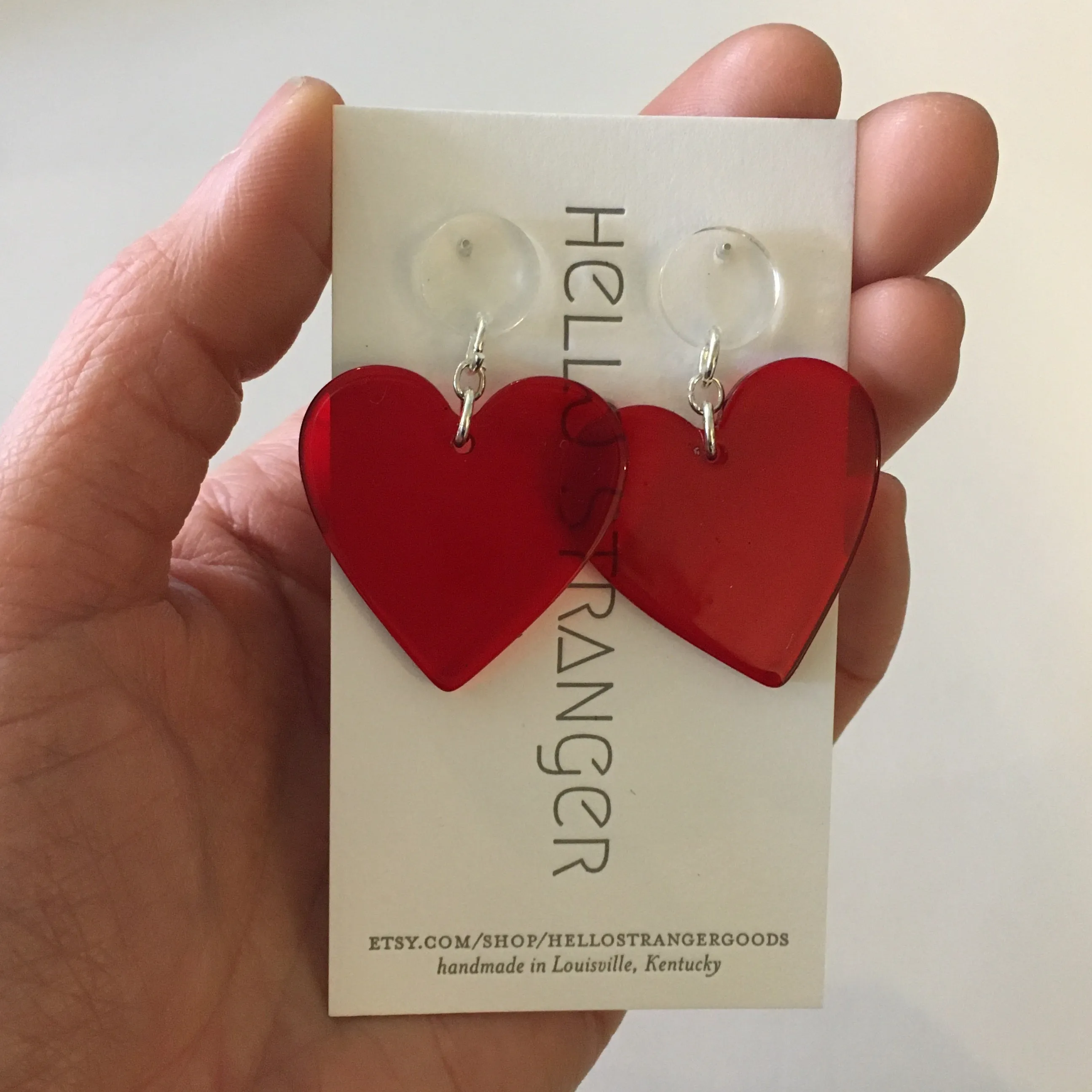 Handmade Red Acrylic Heart dangle Earrings by Hello Stranger