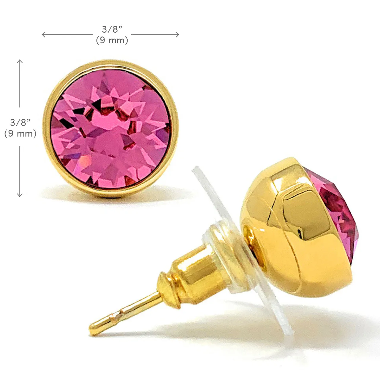 Harley Stud Earrings with Pink Rose Round Crystals from Swarovski Gold Plated