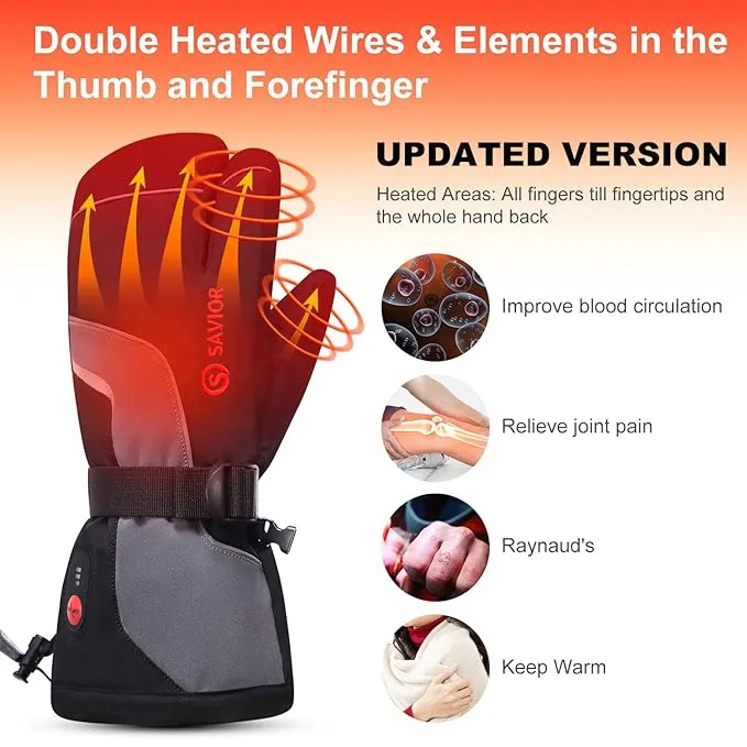 Heated Mittens Battery Gloves Men Women, SAVIOR HEAT 2023 Flexible Crab Finger Rechargeable Ski Mitten with 7.4V 2200mAh Battery for Winter Snow Skating Camping Hunting Hiking Motorcycle